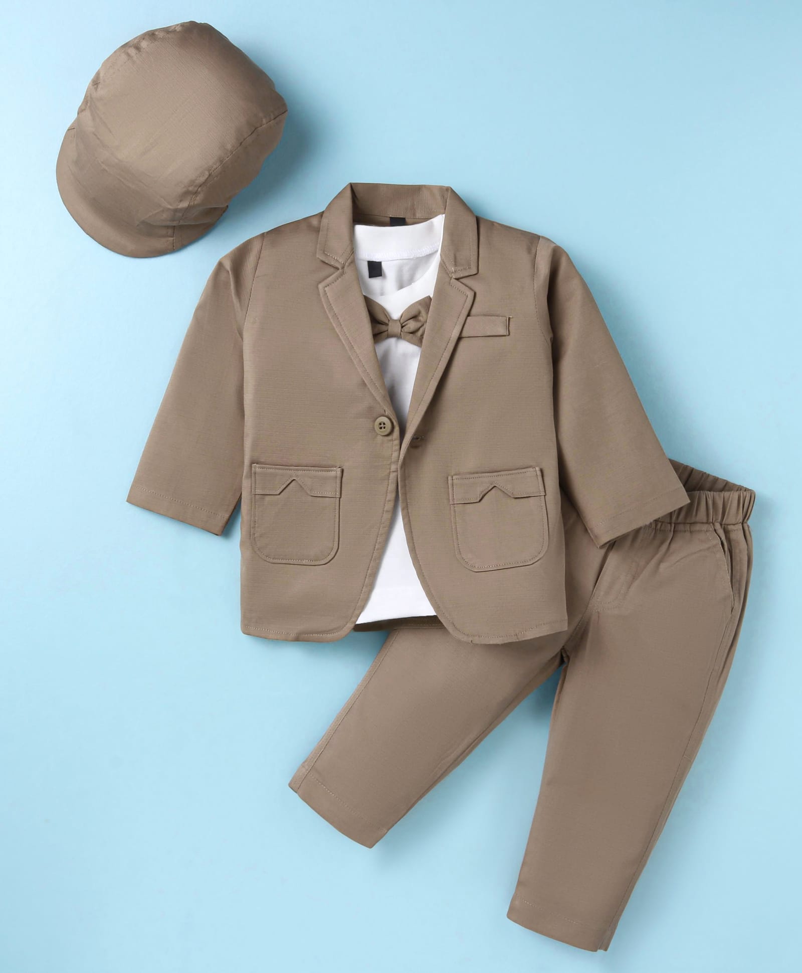 Robo Fry Lycra Knit Full Sleeves Solid Colour BlazerT-Shirt & Trouser Setwith Attached Bow - Tan-image-33