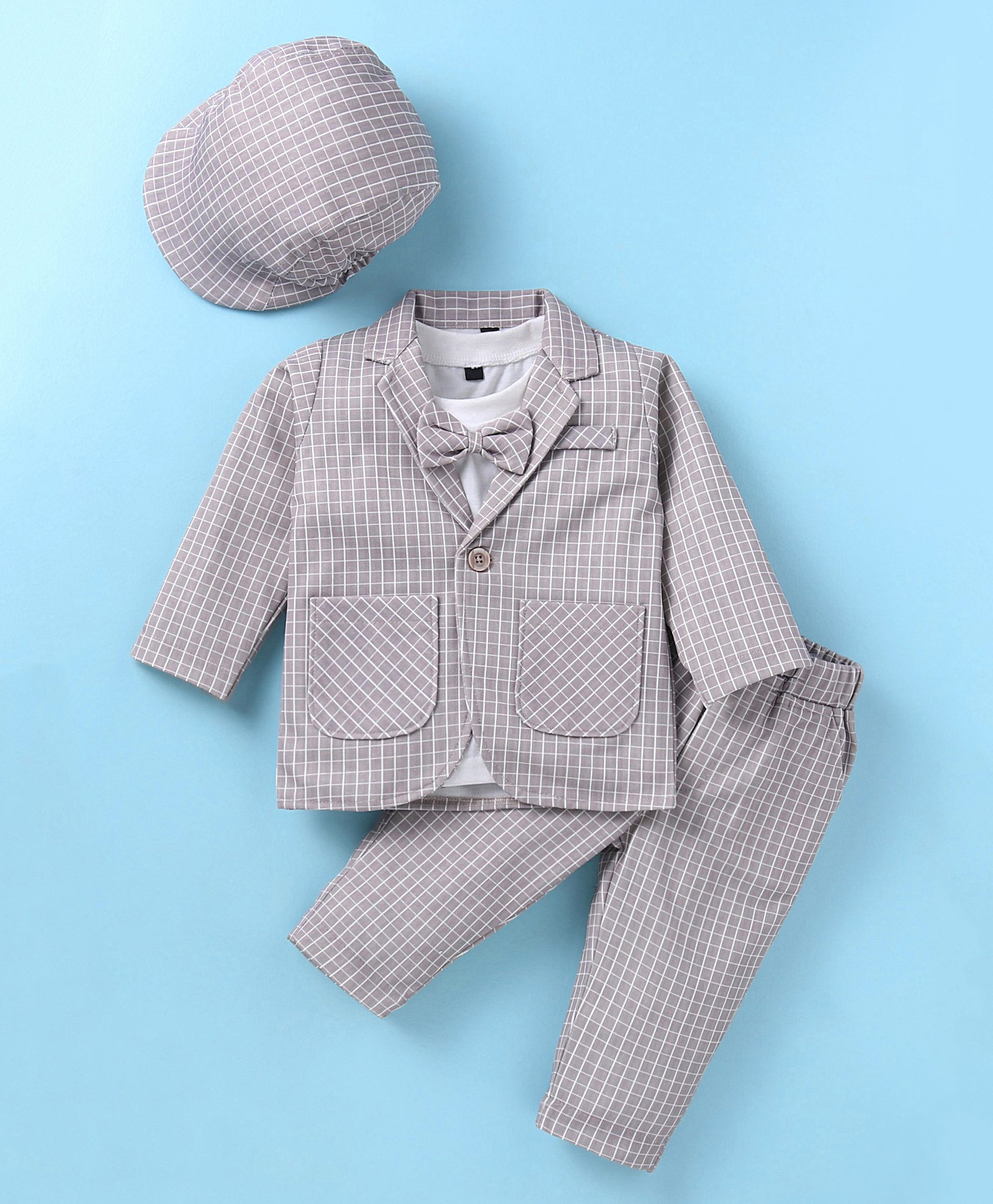 Robo Fry Lycra Knit Full Sleeves Chekered Blazer T-Shirt & Trouser Set with Hat & Attached Bow - Light Grey-picture-19