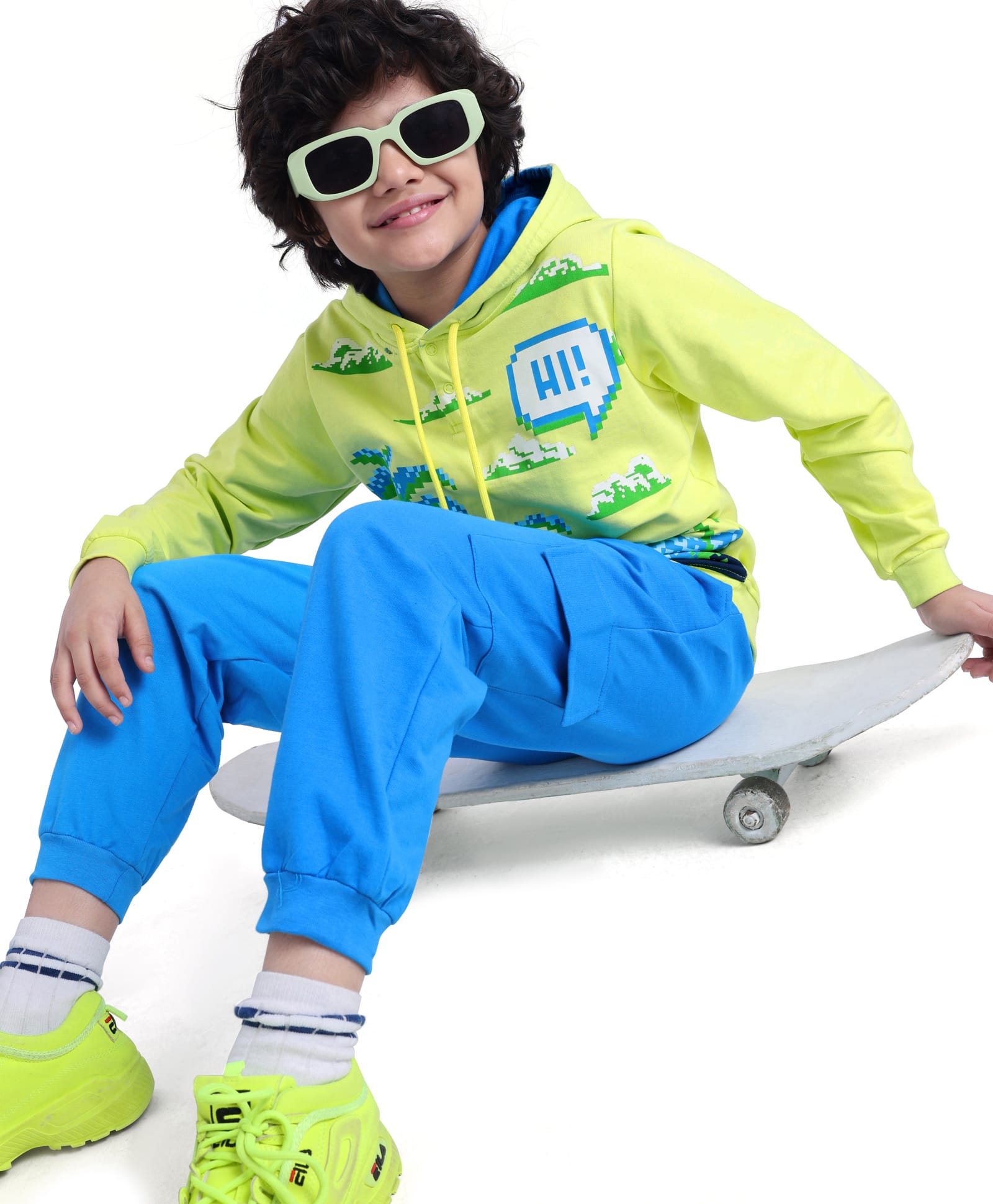 Ollington St. Cotton Knit Full Sleeves Hooded Sweatshirt & Joggers Winter Wear Set With Tropical Theme Print - Lime & Blue-picture-34
