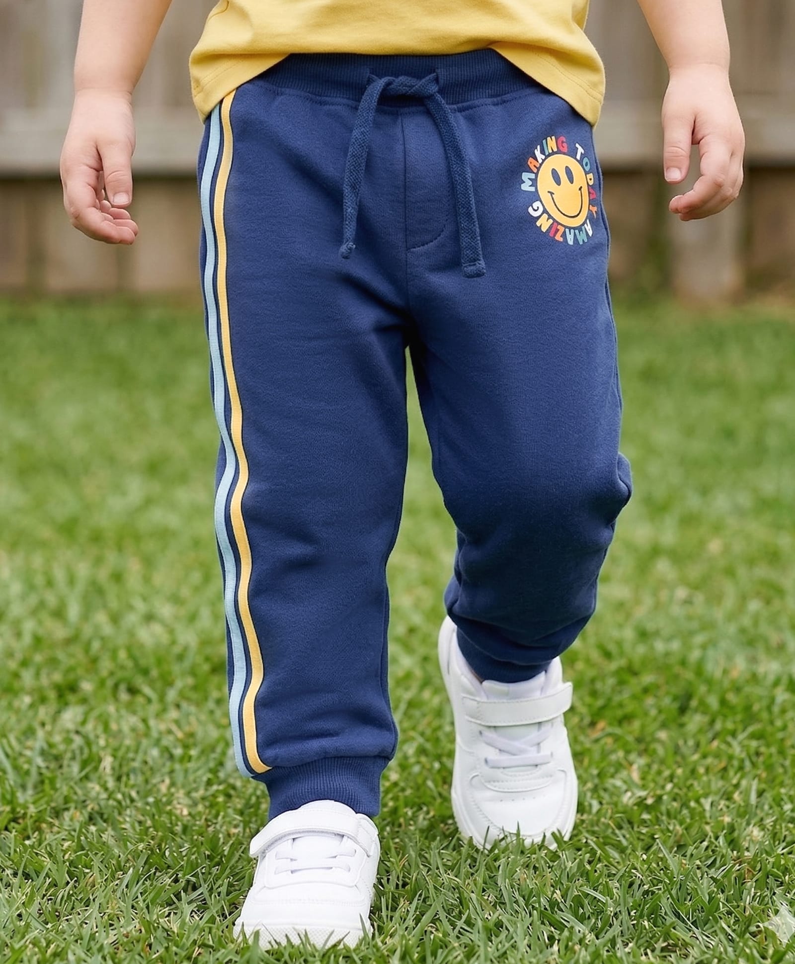 Babyhug French Terry Full Length Jogger Fit Track Pants Smiley Print - Navy-image-2