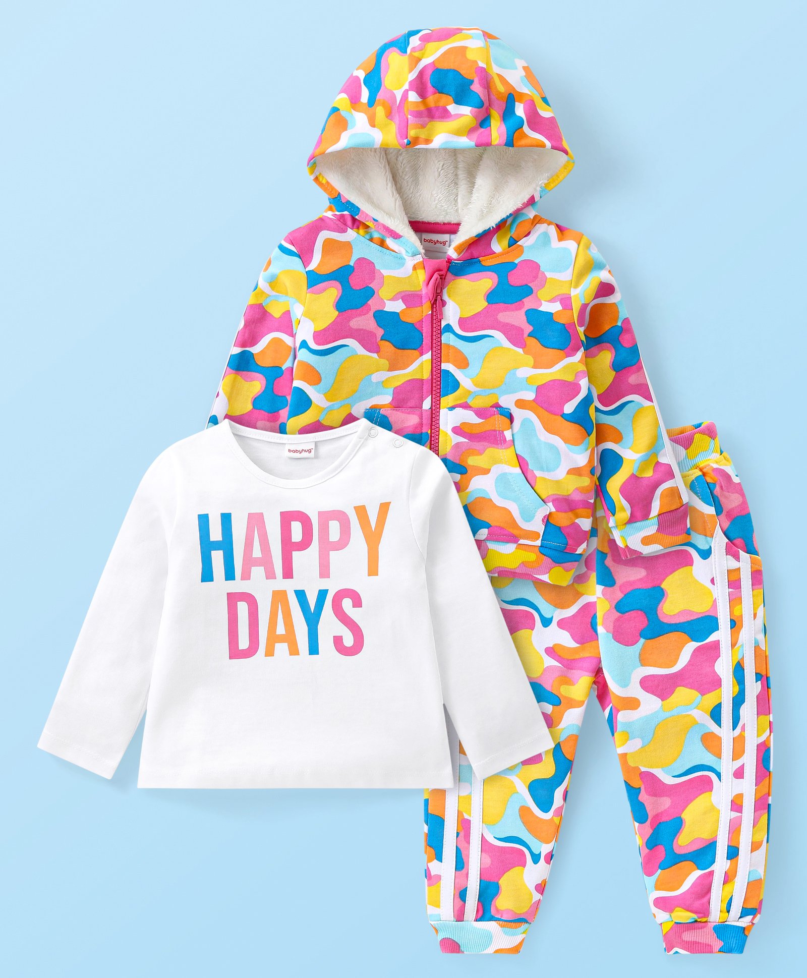 Babyhug Terry Knit Full Sleeves Hooded Sweatjacket & Joggers Set with T-Shirt Camo & Text Print - Multicolour-image-14