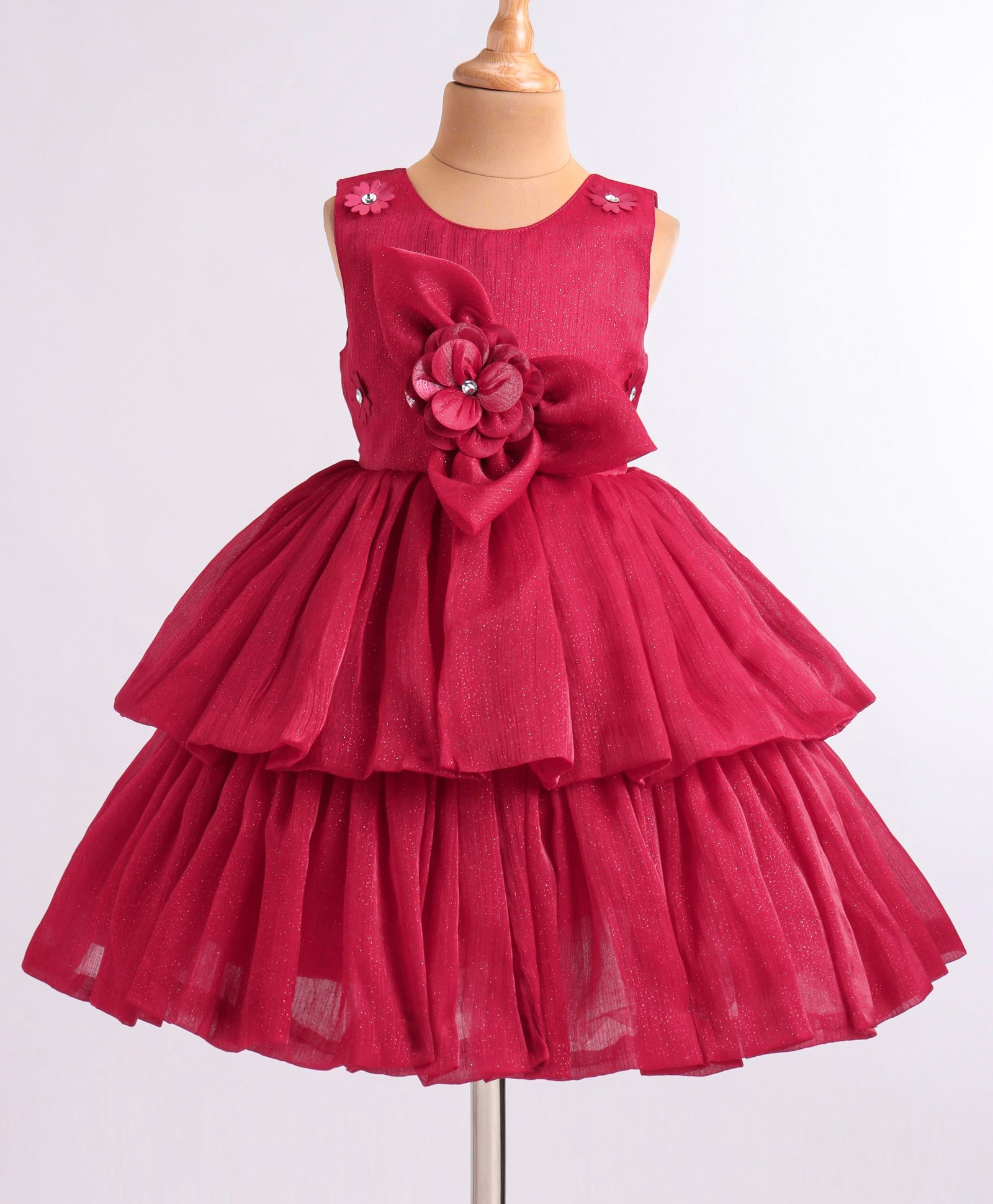 Bluebell Tissue Woven Sleeveless Party wear Frock with Floral Applique - Red-picture-12