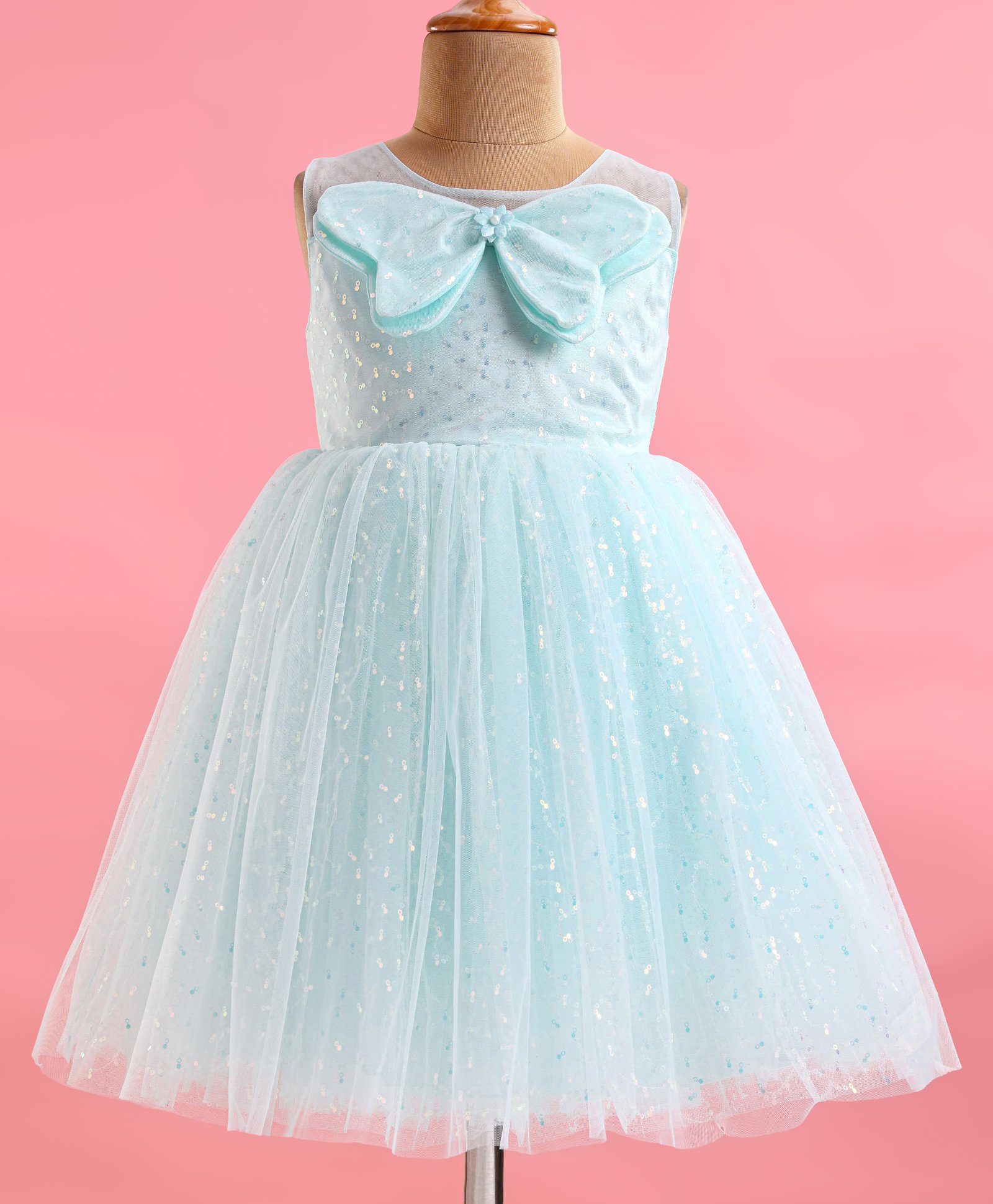 Bluebell Net Woven Sleeveless Party Frock with Bow Applique & Sequinned Detailing- Aqua Blue-picture-26