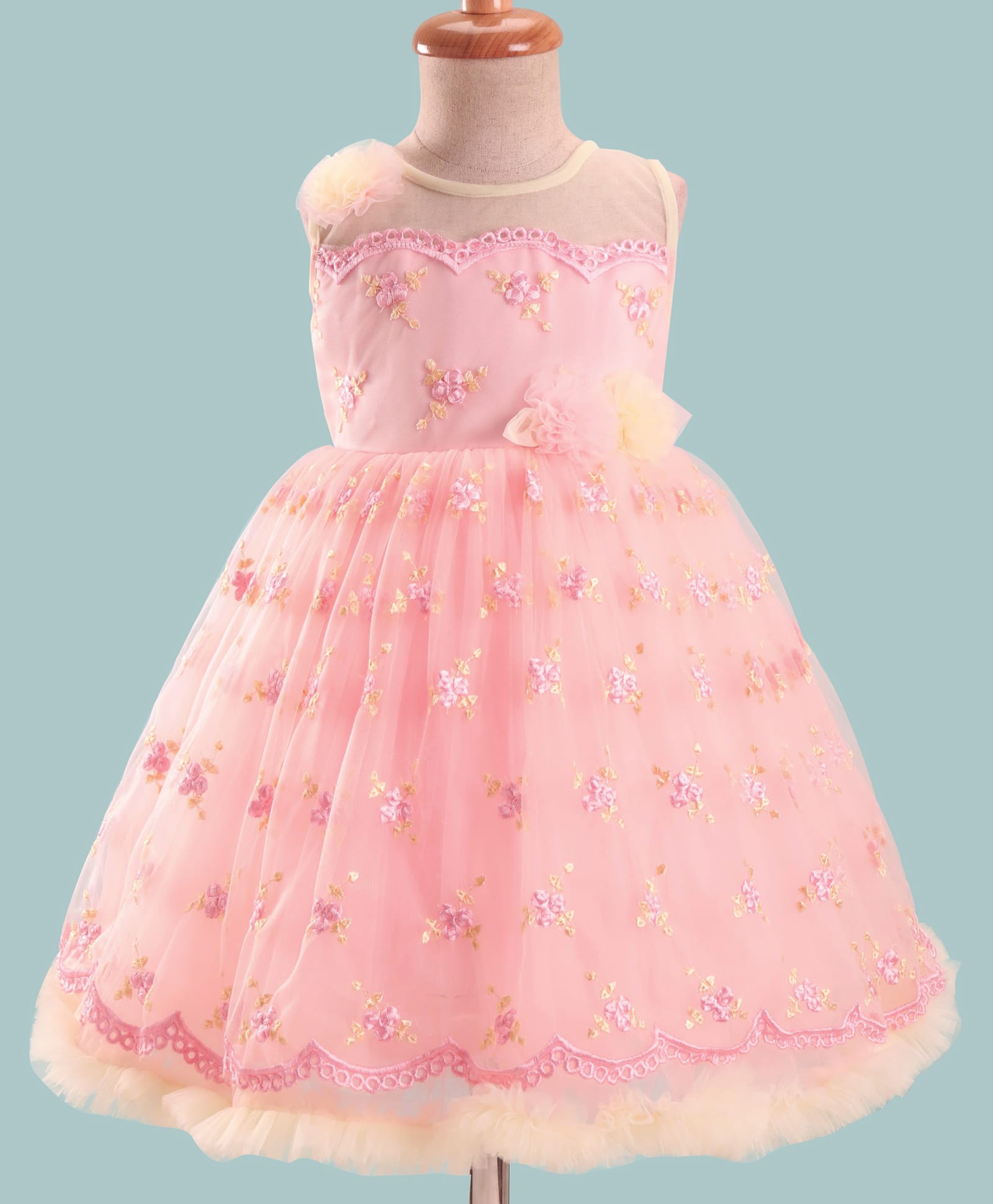 Bluebell Net Woven Sleeveless Frock With Floral Embroidery & Corsage Applique - Peach-image-22