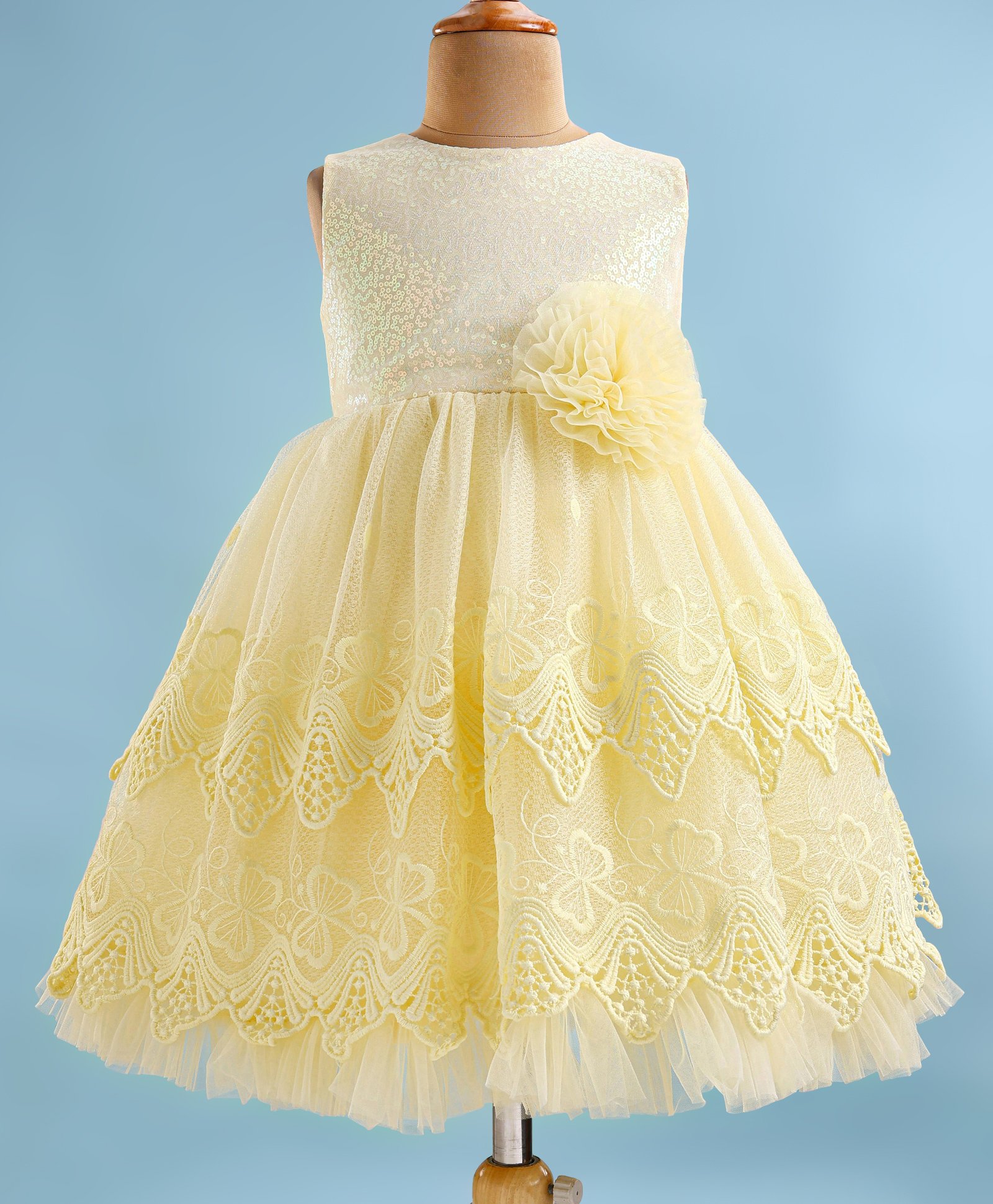 Bluebell Net Woven Sleeveless Floral & Sequined Embroidered Party Frock with Floral Corsage - Lemon Yellow-image-41