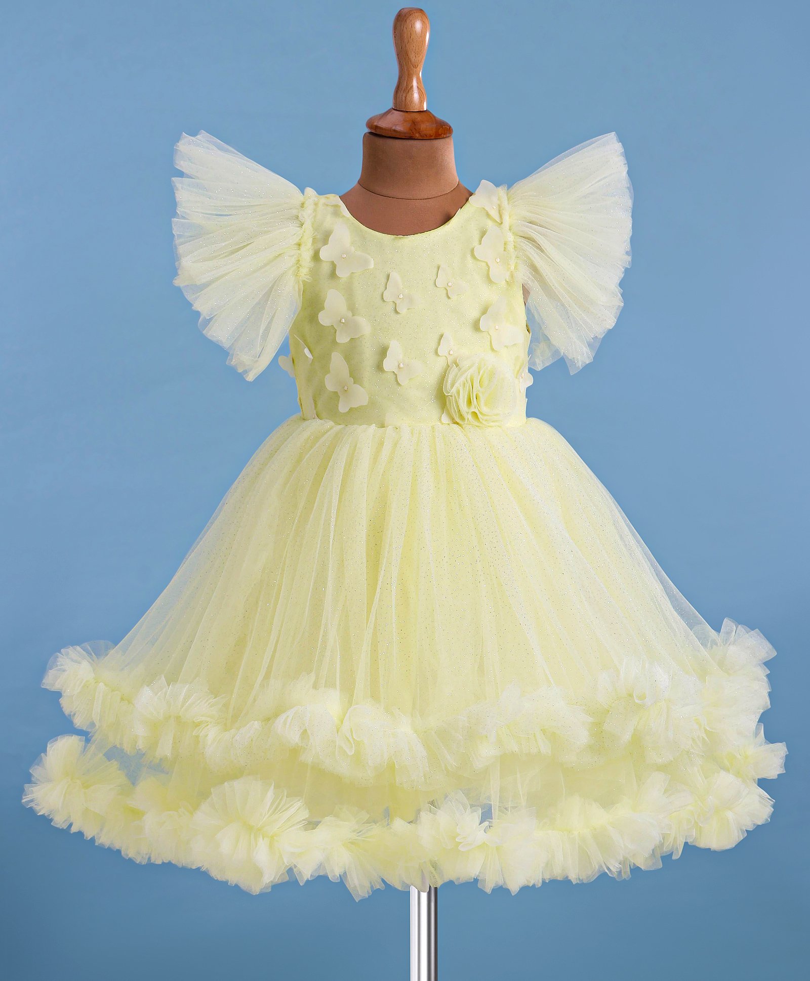Bluebell Net Frill Sleeves 3D Butterfly & Corsage Detailing Glittery Flared Party Frock - Lemon-picture-13