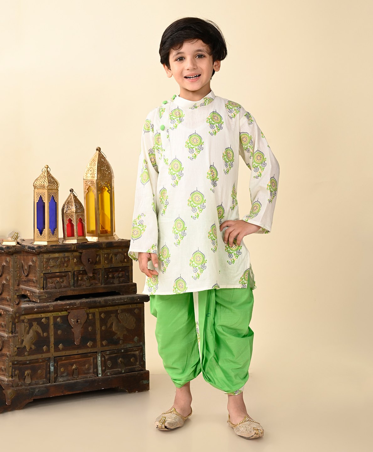 Superminis Full Sleeves Paisley Printed Kurta With Coordinating Dhoti Set - Green-image-18