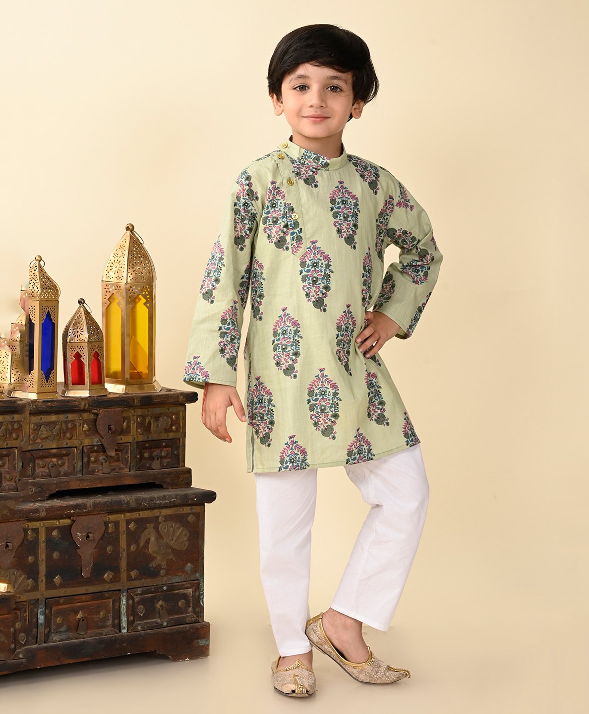Superminis Full Sleeves Paisley Printed Kurta With Pyjama Set - Green-image-25