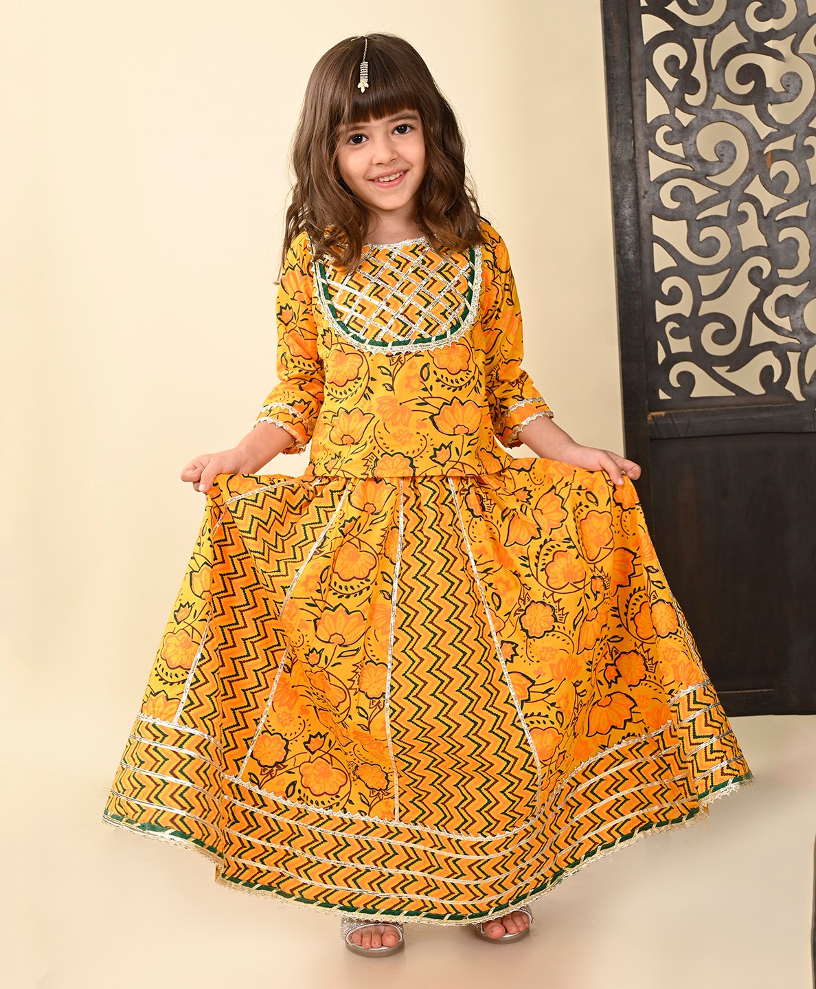 Superminis Three Fourth Sleeves Gota Lace Detailed Floral Printed Ethnic Lehenga Choli Set - Yellow-picture-10