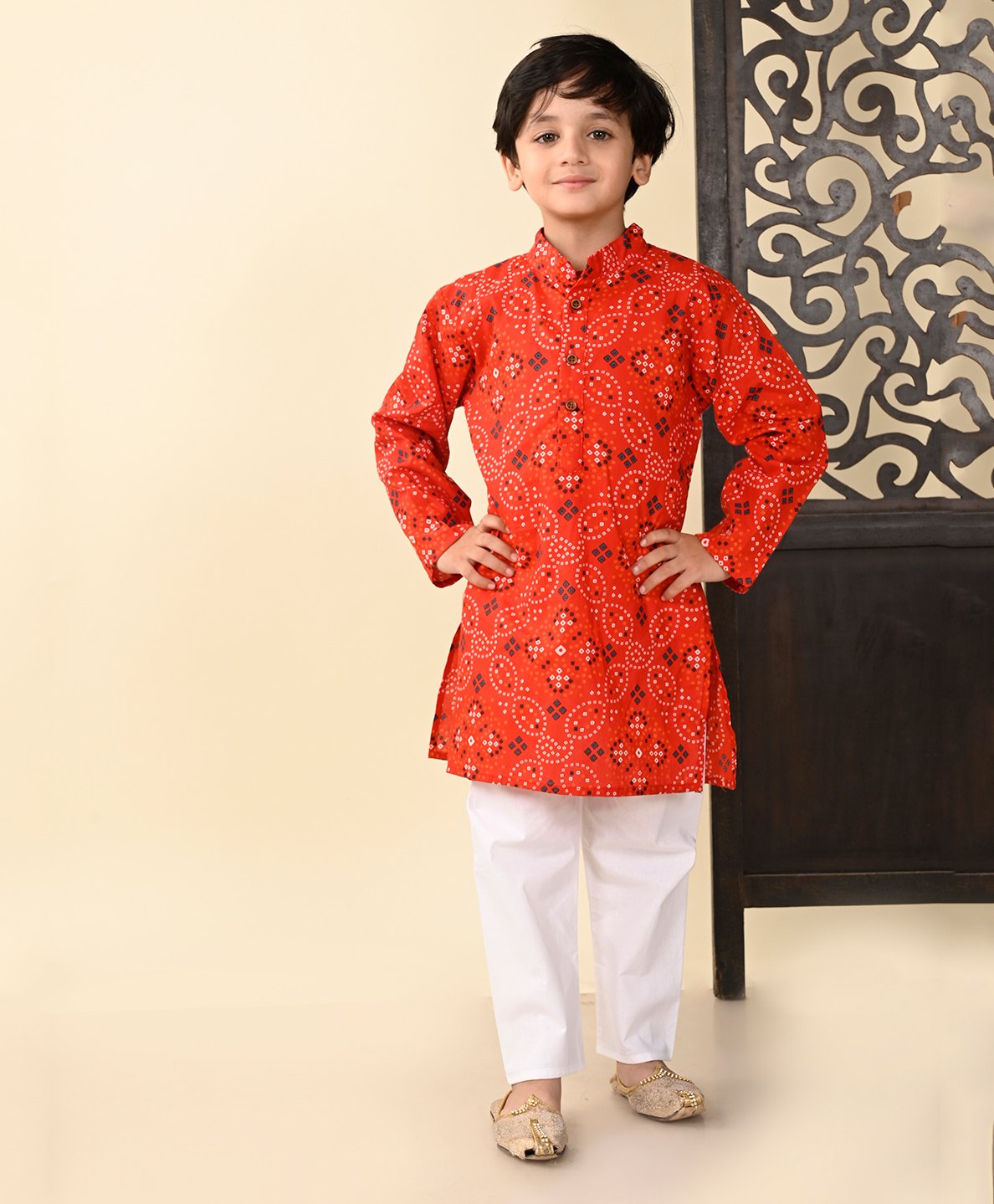 Superminis Full Sleeves Bandhani Designed Kurta With Pyjama Set - Red-image-3