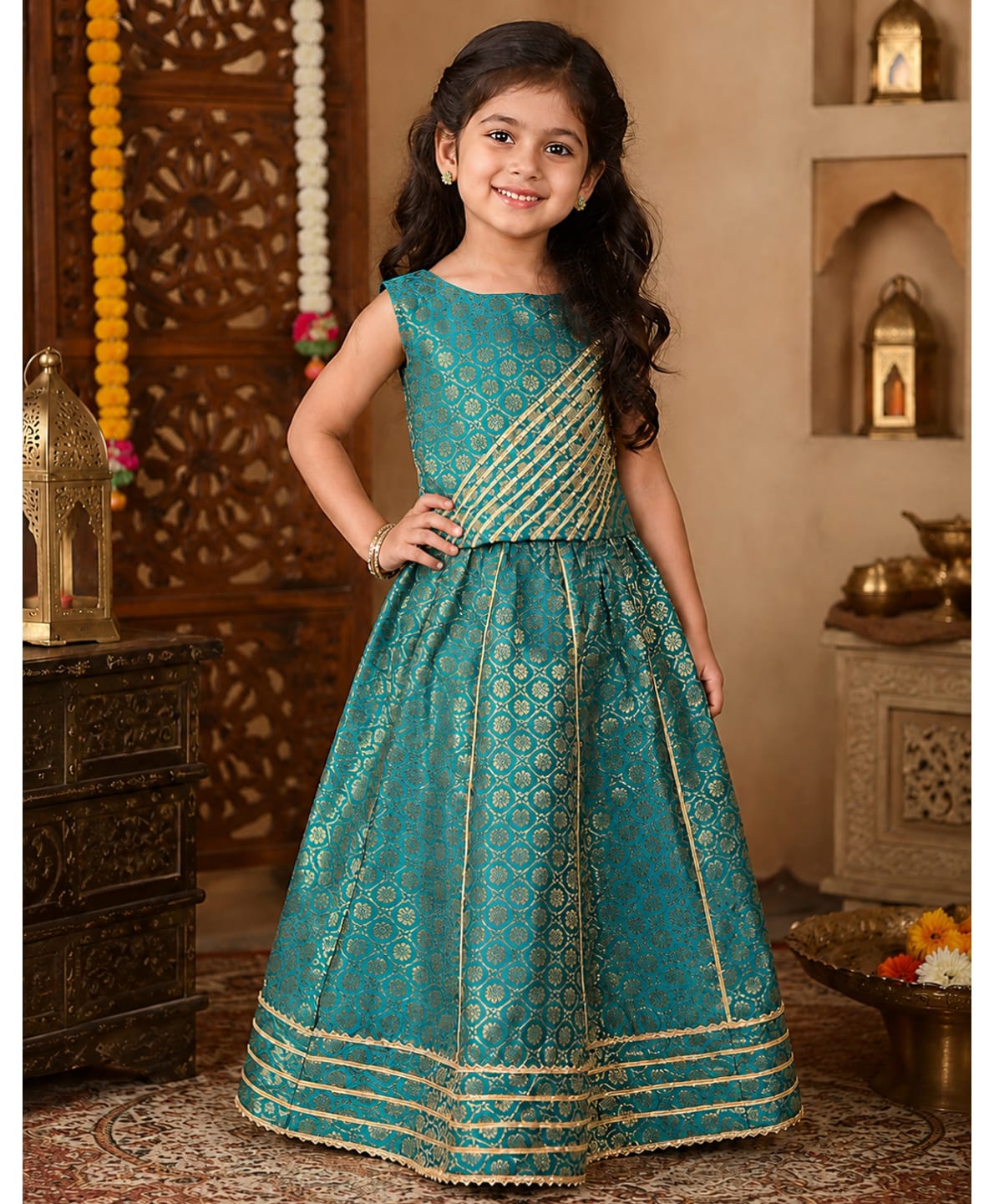 Superminis Sleeveless Gota Lace Embellished & Floral Foil Printed Coordinating Lehenga With Choli - Green-picture-42