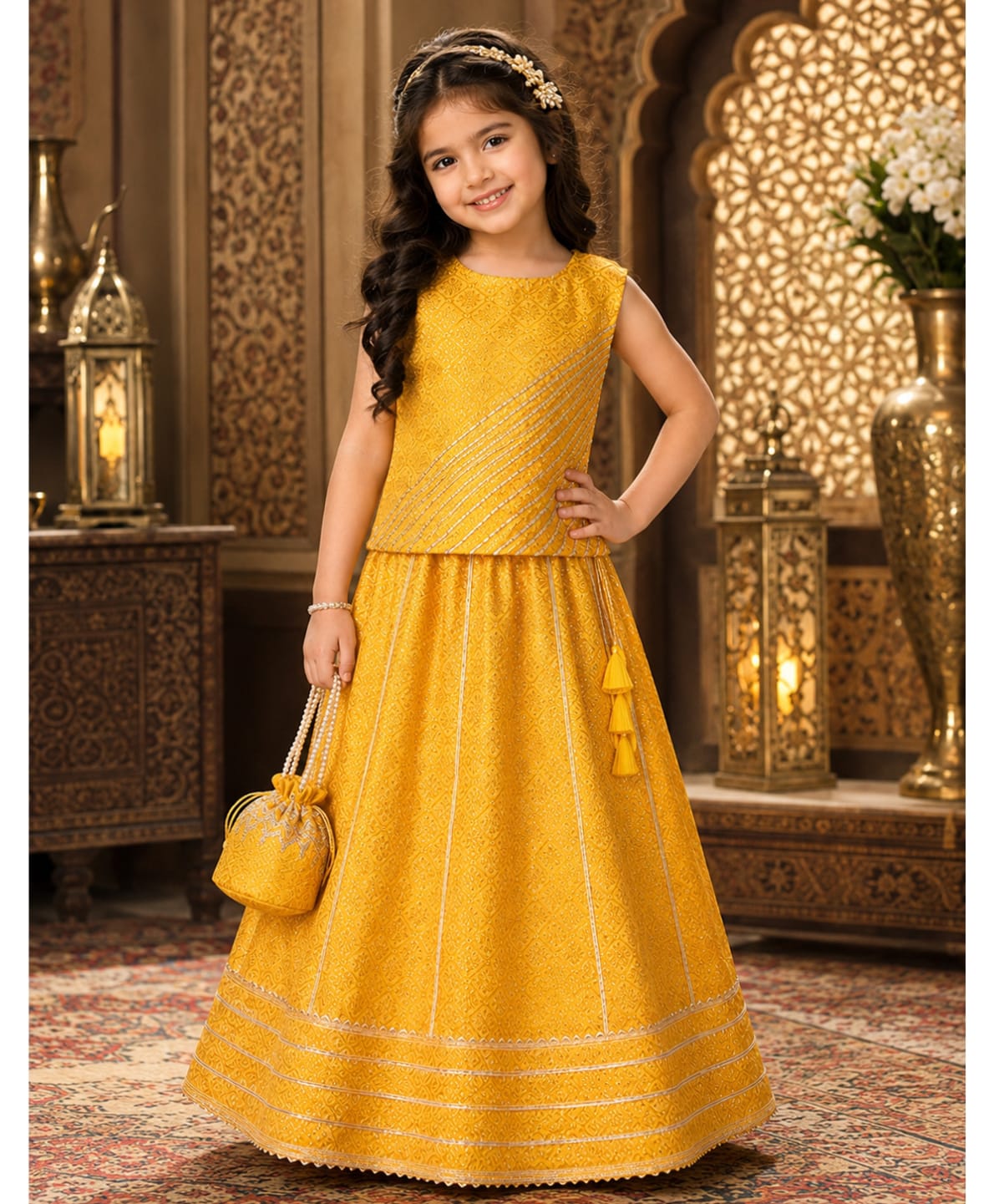 Superminis Sleeveless Gota Lace Embellished & Floral Foil Printed Coordinating Lehenga With Choli - Yellow-picture-48