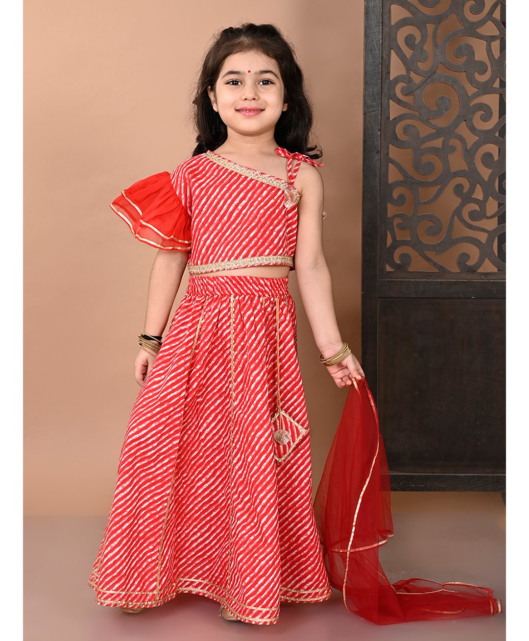 Superminis One Shoulder Lace Embellished & Leheriya Printed Coordinating Lehenga Choli With Dupatta Set - Red-image-32