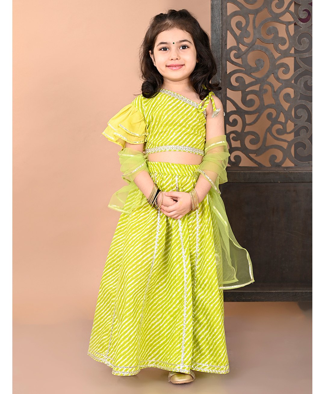 Superminis One Shoulder Lace Embellished & Leheriya Printed Coordinating Lehenga Choli With Dupatta Set - Green-picture-0