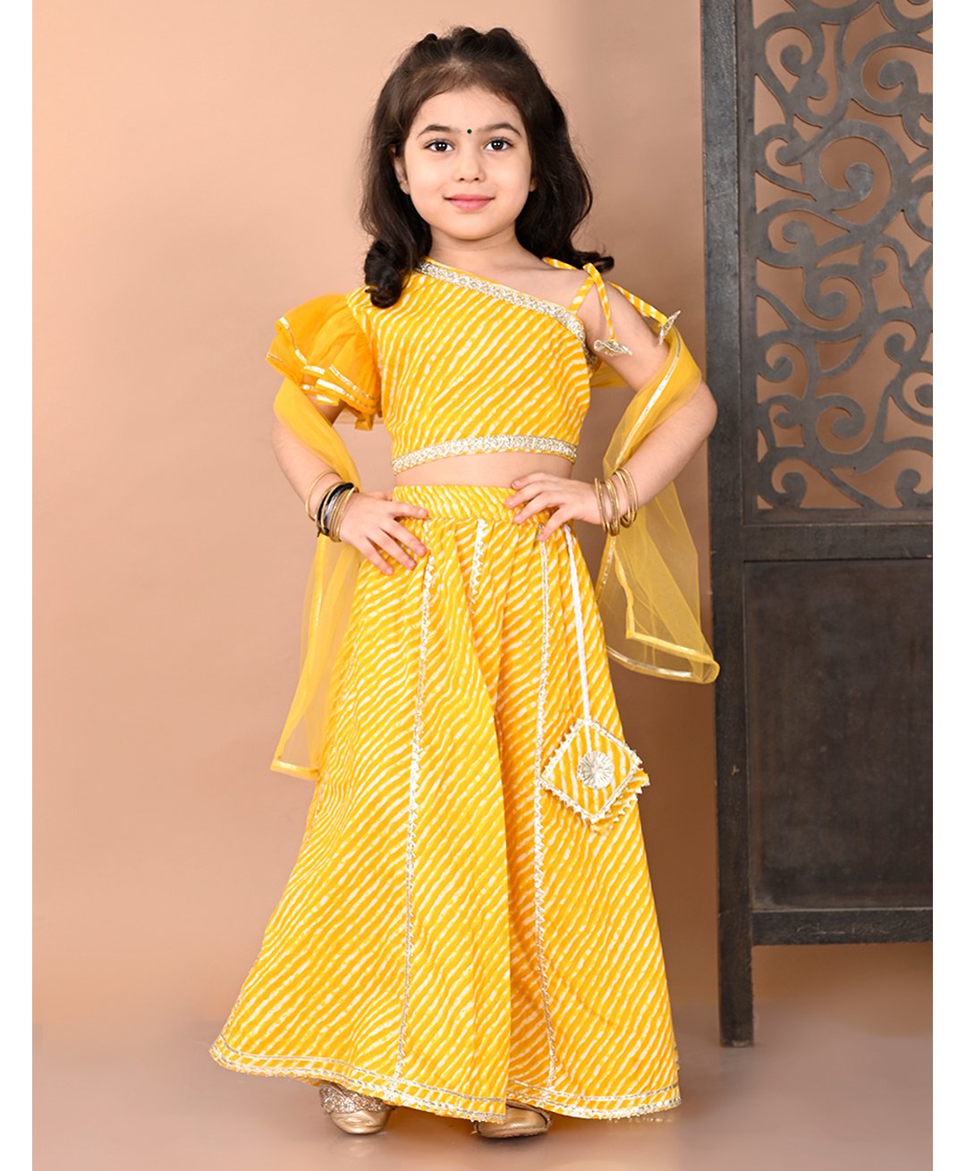 Superminis Cotton One Shoulder Lehariya Printed Lehenga Choli And Net Dupatta Set - Yellow-image-44