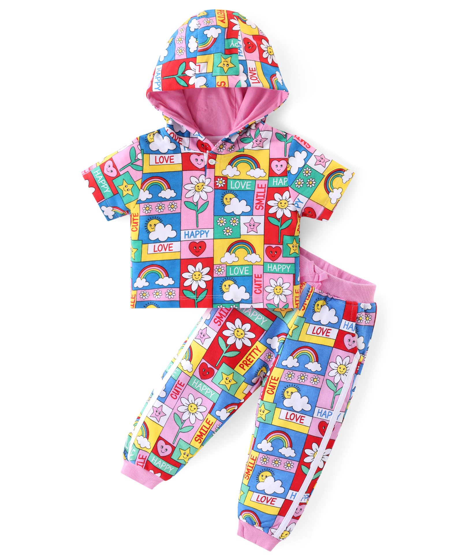 Babyhug Cotton Knit Half Sleeves Floral Printed Hooded Top & Lounge Pants Co-Ord Set - Multicolor-image-11