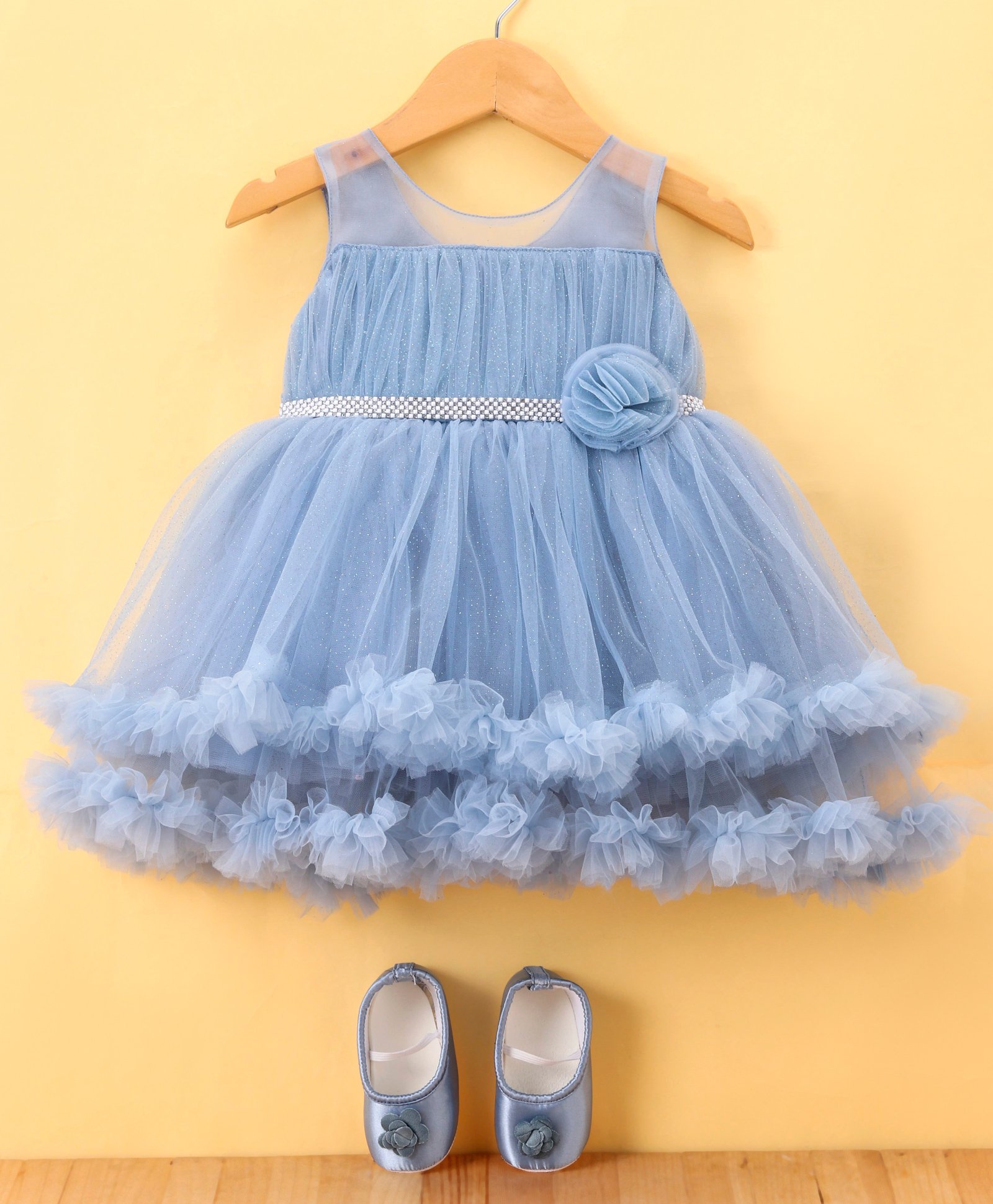 Bluebell Net Knit Sleeveless  Layered Party Frock with Pair of Booties & Floral Applique - Blue-image-47