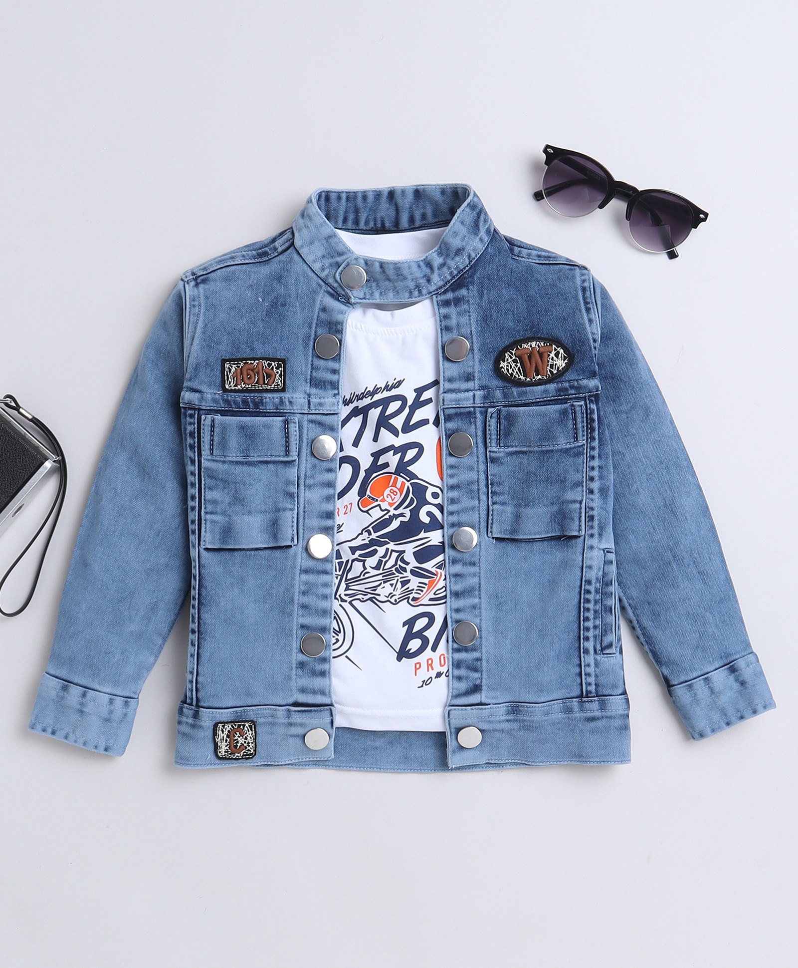 Ministitch Denim Full Sleeves Solid Jacket With Extreme Rider Printed T-Shirt - Light Blue-picture-21