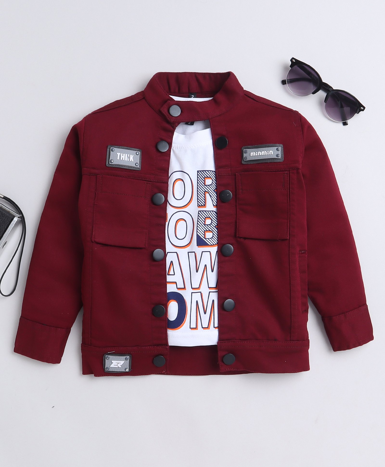 Ministitch Denim Full Sleeves Solid Jacket With Born To Be Awesome Text Printed T-Shirt - Maroon-image-47