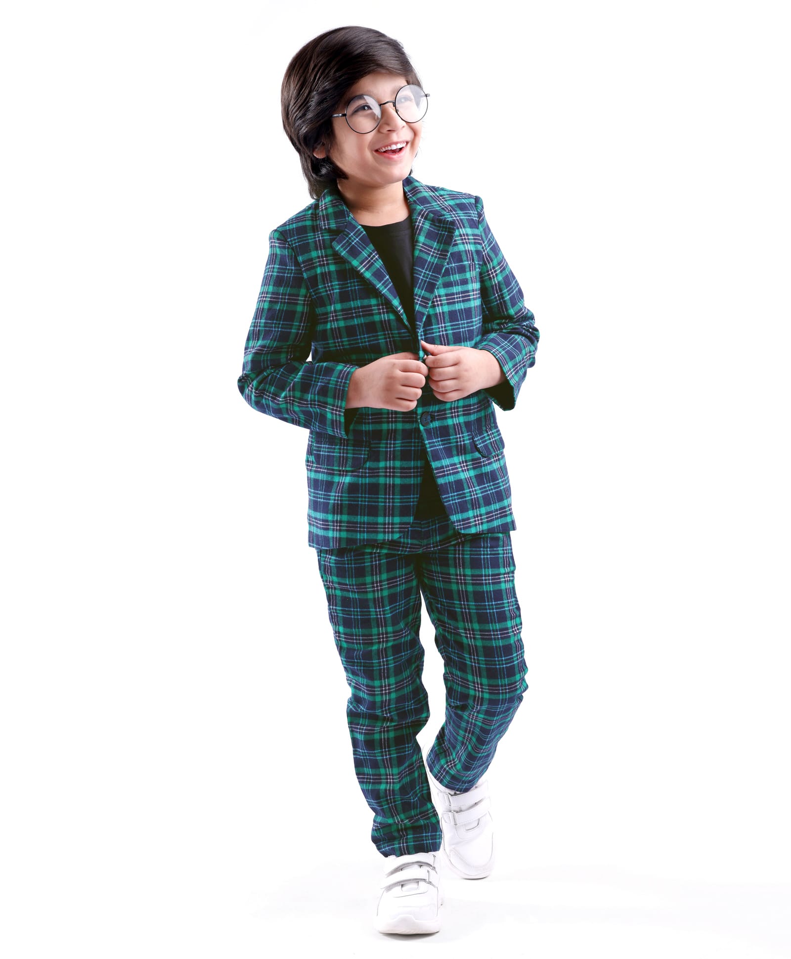 Babyhug Woven Full Sleeves Checkered Blazer with T-Shirt & Trouser Set - Dark Green-picture-21