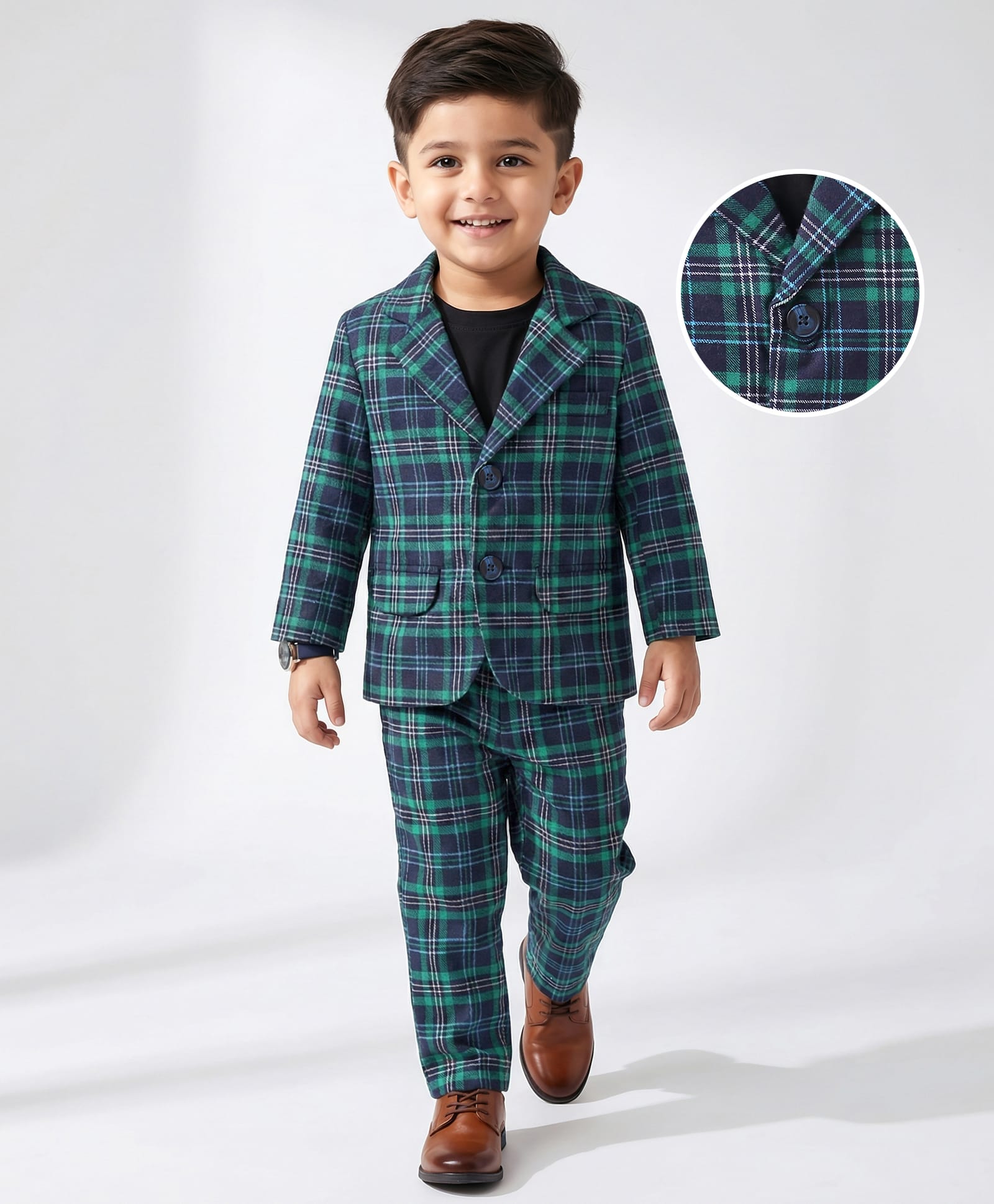 Babyhug Woven Full Sleeves Checkered Blazer with T-Shirt & Trouser Set - Dark Green-image-30