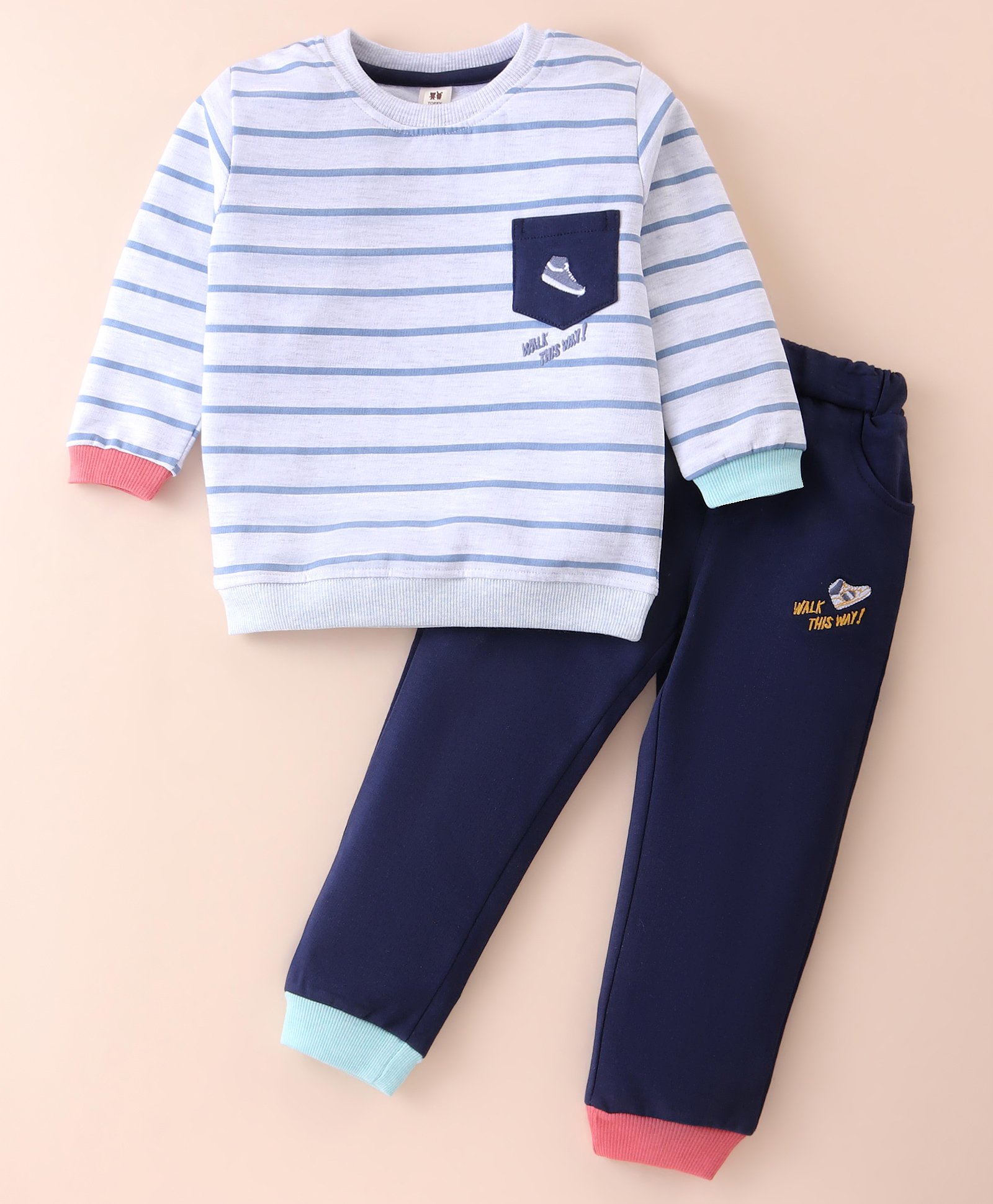ToffyHouse 100% Cotton Knit Full Sleeves Striped T-Shirt & Lounge Pants Set - Off White & Navy-picture-21