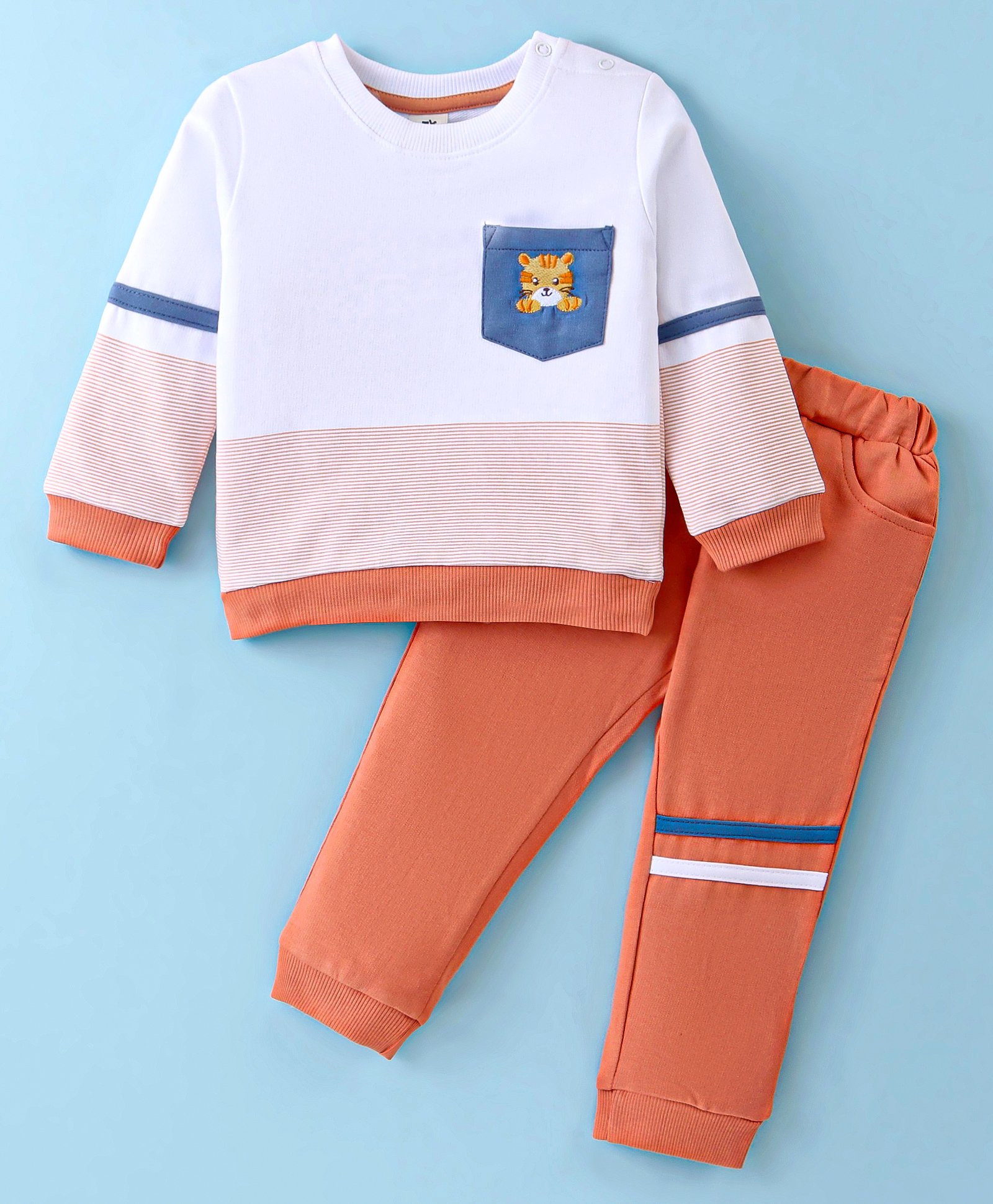 ToffyHouse 100% Knitted Cotton Full Sleeves Color Block Winter Wear Set With Stripes & Tiger Embroidery - White & Coral-picture-10