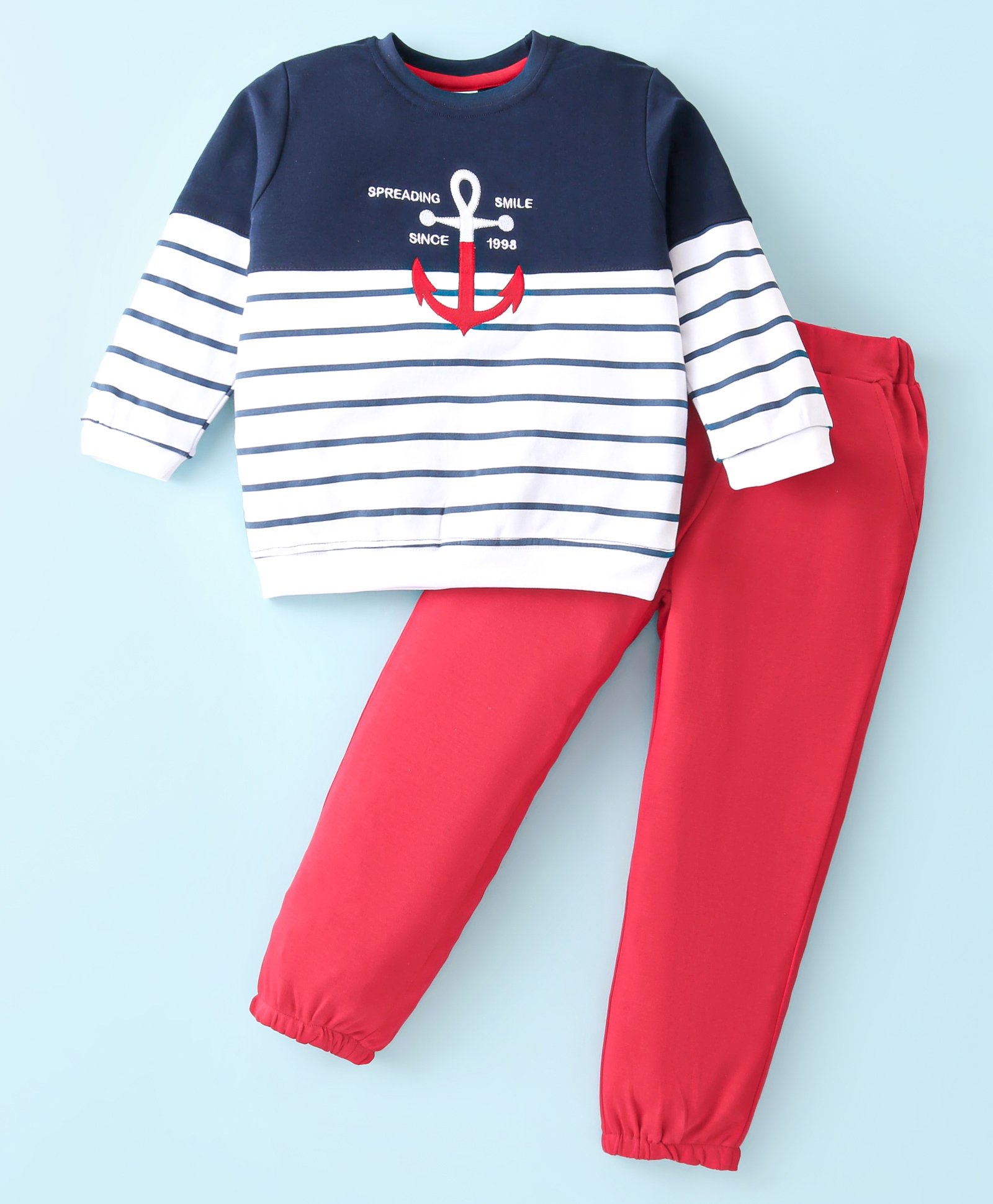 ToffyHouse 100% Cotton Knit Full Sleeves Striped T-Shirt & Lounge Pants Set With Nautical Theme Print - Navy White & Red