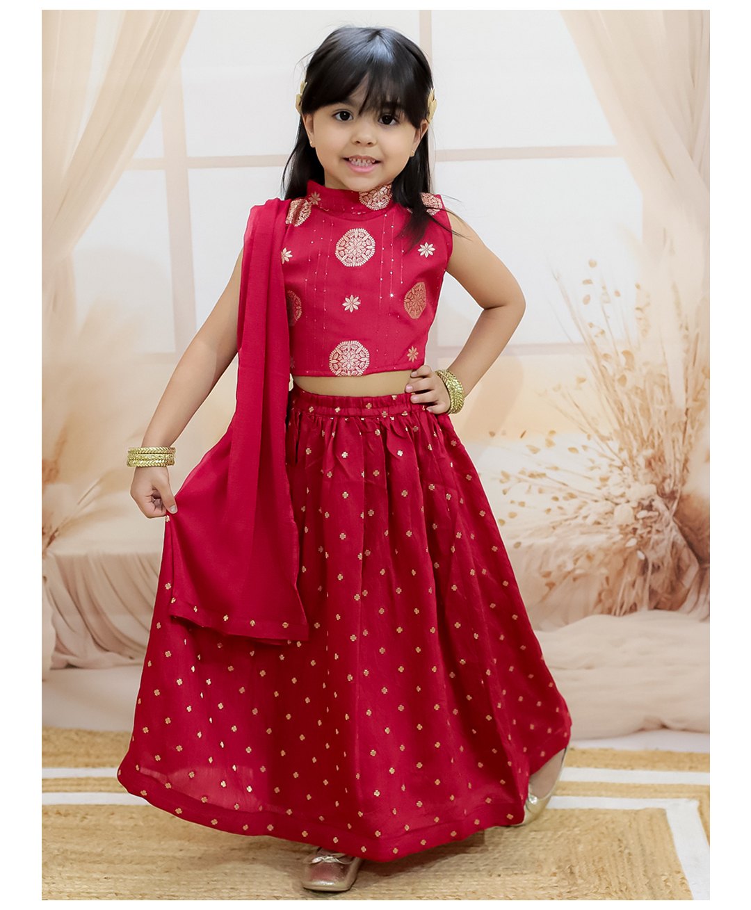 BownBee Pure Chanderi Sleeveless Foil Printed Lehenga Choli & Dupatta Set - Maroon-image-30