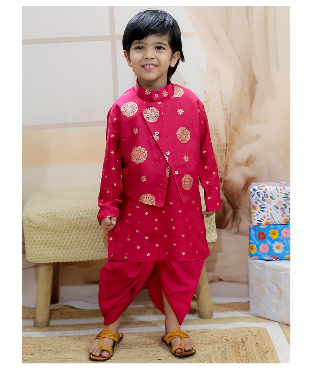 BownBee Full Sleeves Floral Foil Printed Kurta Dhoti With Jacket Set - Maroon-image-18