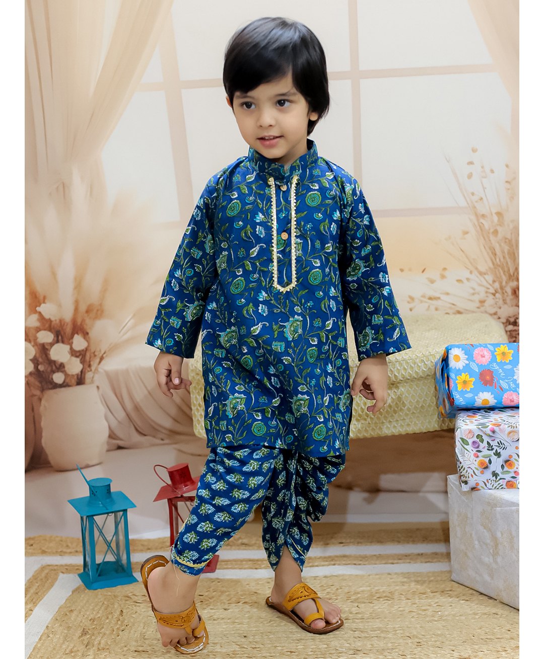 BownBee Full Sleeves Floral Printed & Gota Lace Embellished Kurta Dhoti Set - Blue-image-29