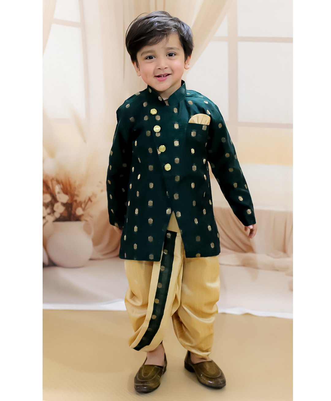 BownBee Full Sleeves Dots Detailed Sherwani & Dhoti Set - Green-picture-21