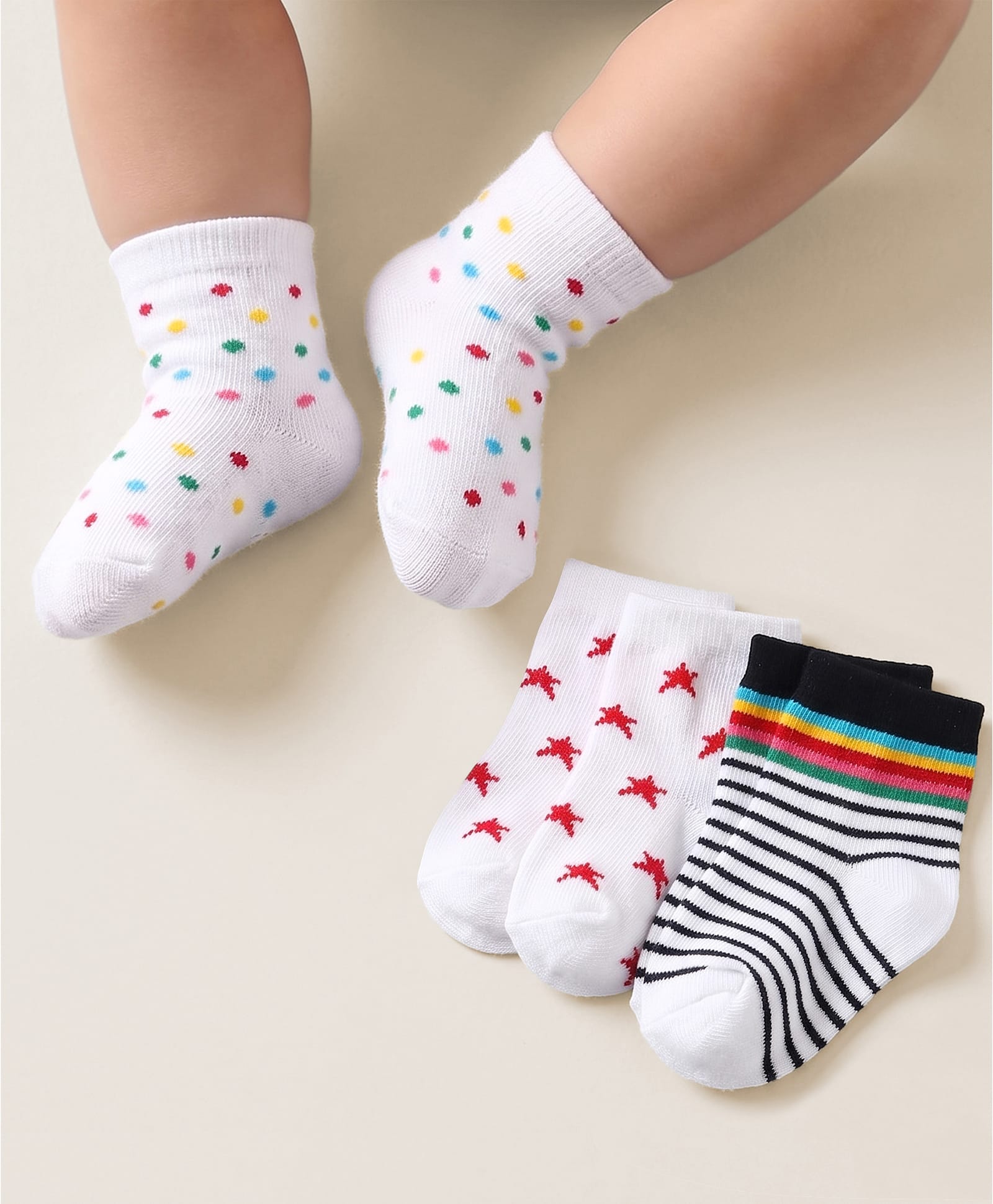 Doodle Poodle Cotton Knit Ankle Length Striped & Star Designed  Socks Pack of 3 -  White-image-41
