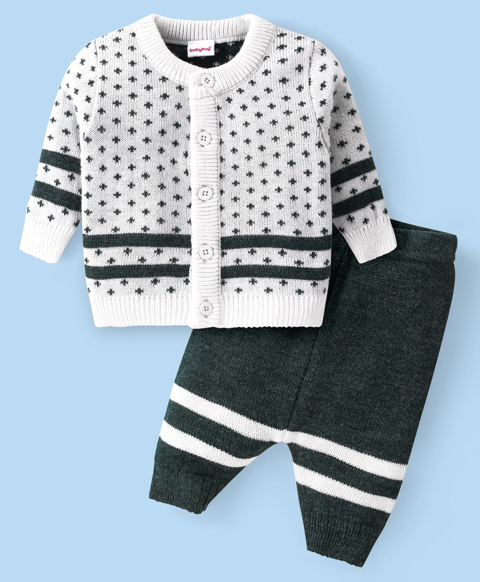 Babyhug Knitted Full Sleeves Front Open Sweater Set With Polka Dot Design - Green & White-image-23
