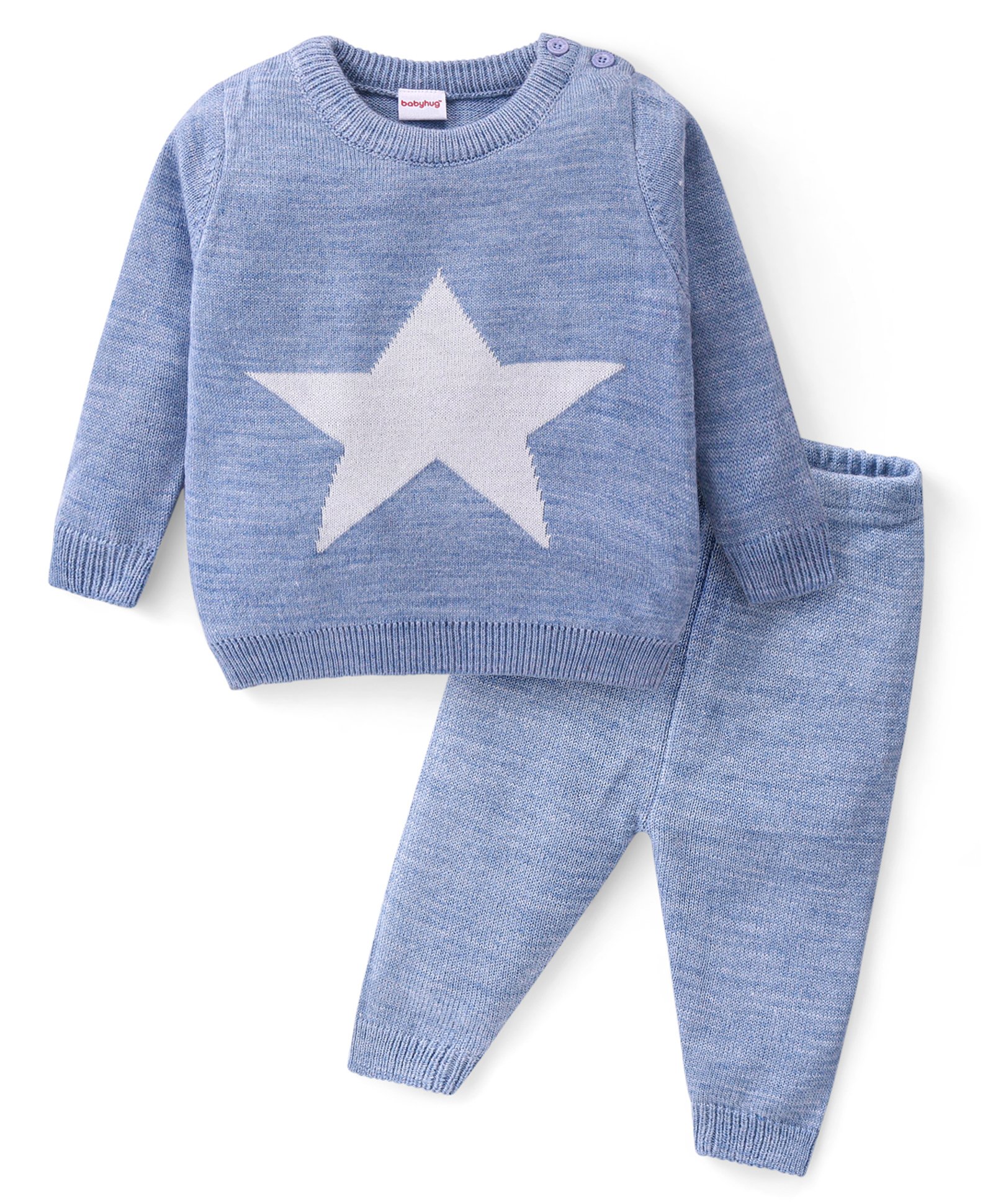 Babyhug Knitted Full Sleeves Pullover Sweater Set With Star Design - Aqua Blue-image-41