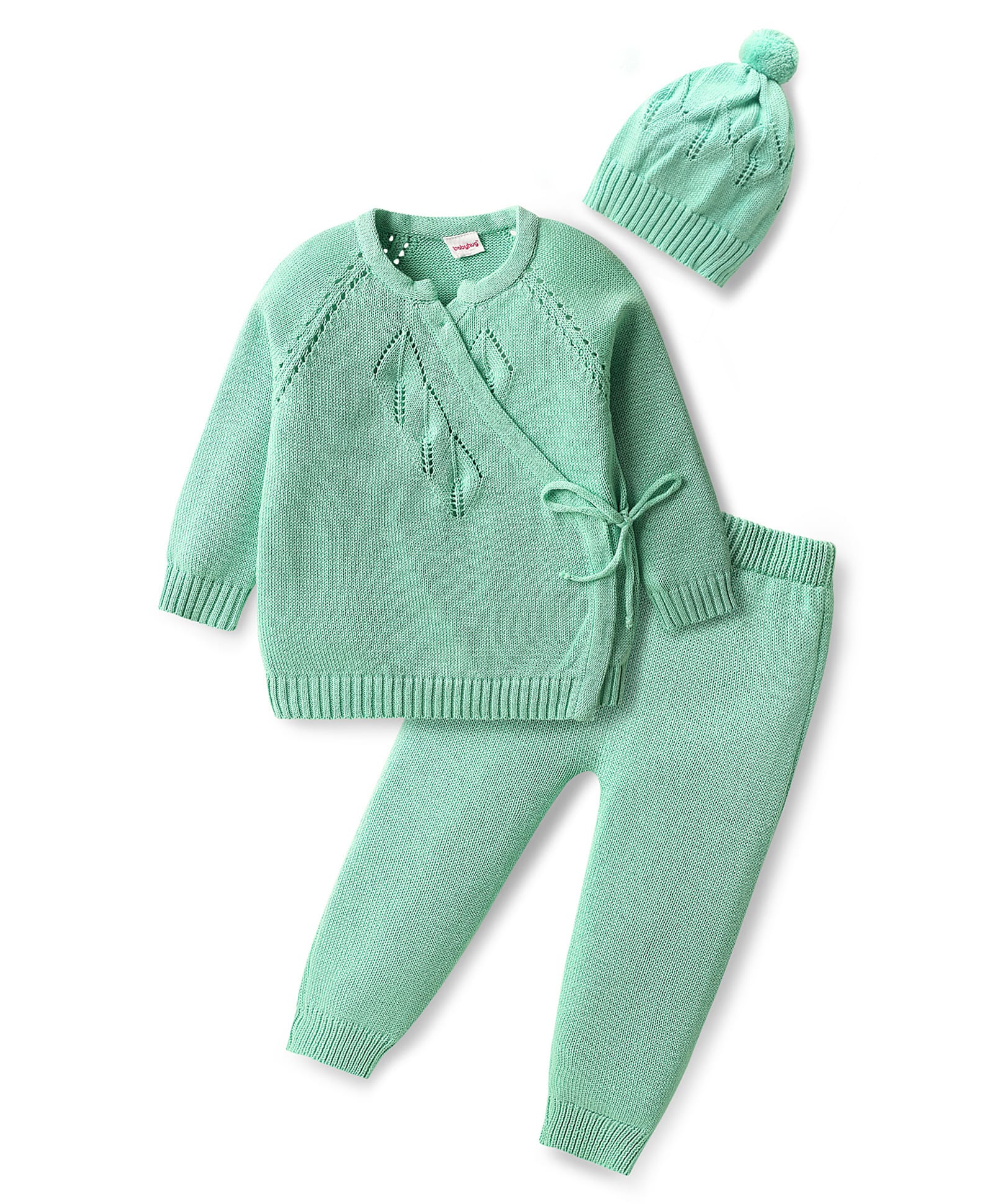 Babyhug Cotton Knit Full Raglan Sleeves Sweater Set with Cap - Sea Green-picture-25