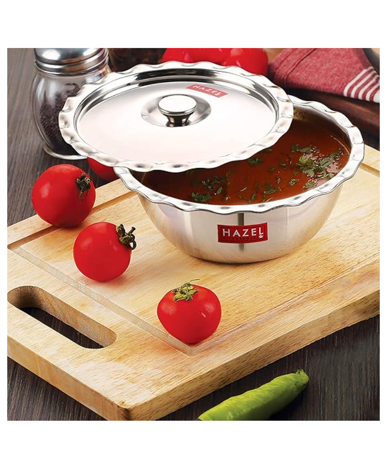 HAZEL Stainless Steel Serving Bowl Wati Vati Katori With Lid, 23 cm, 1750 ml, Silver-picture-30