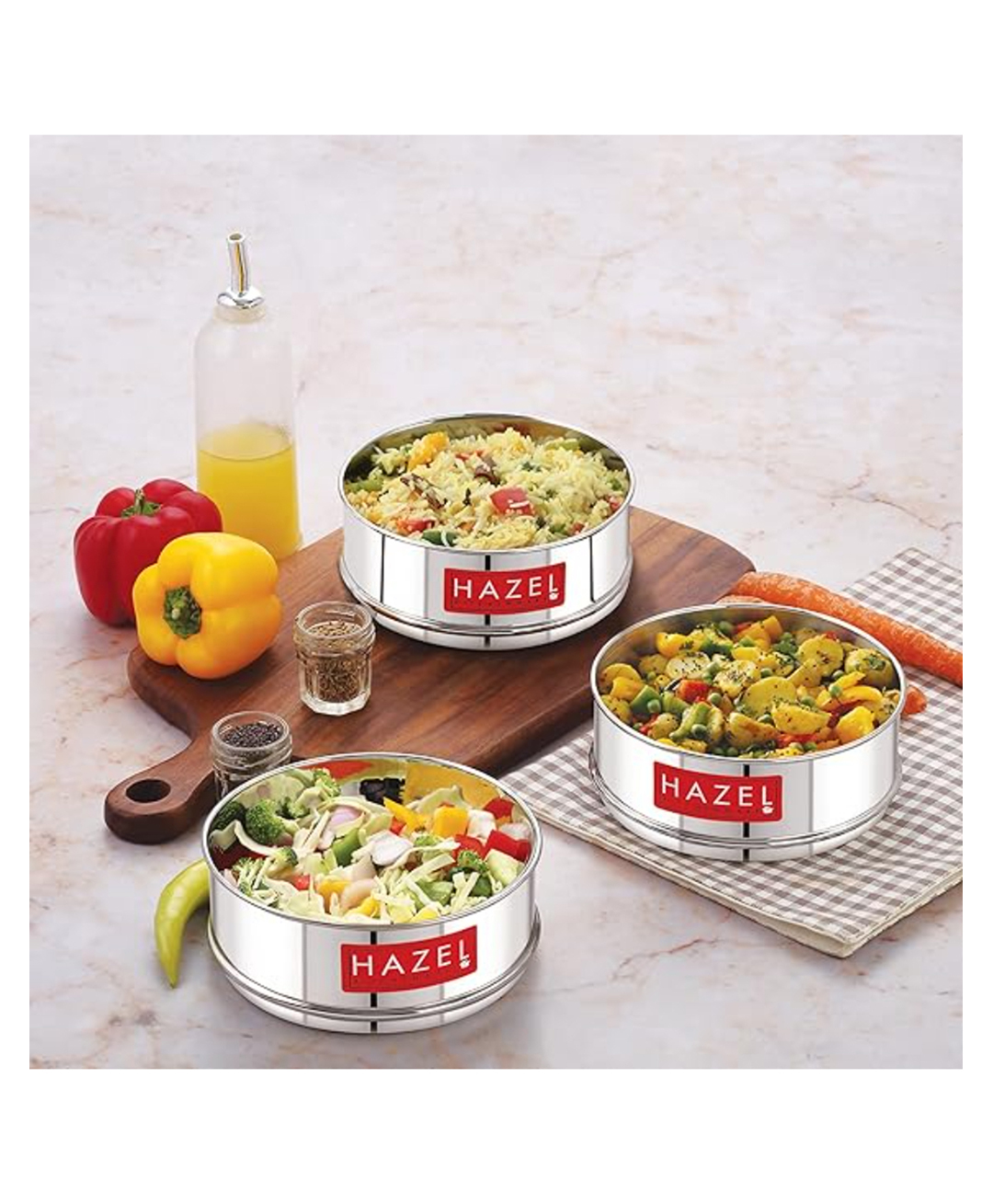 HAZEL Stainless Steel Round Cooker Dabba Set of 3, 600ml (each), Silver-image-10