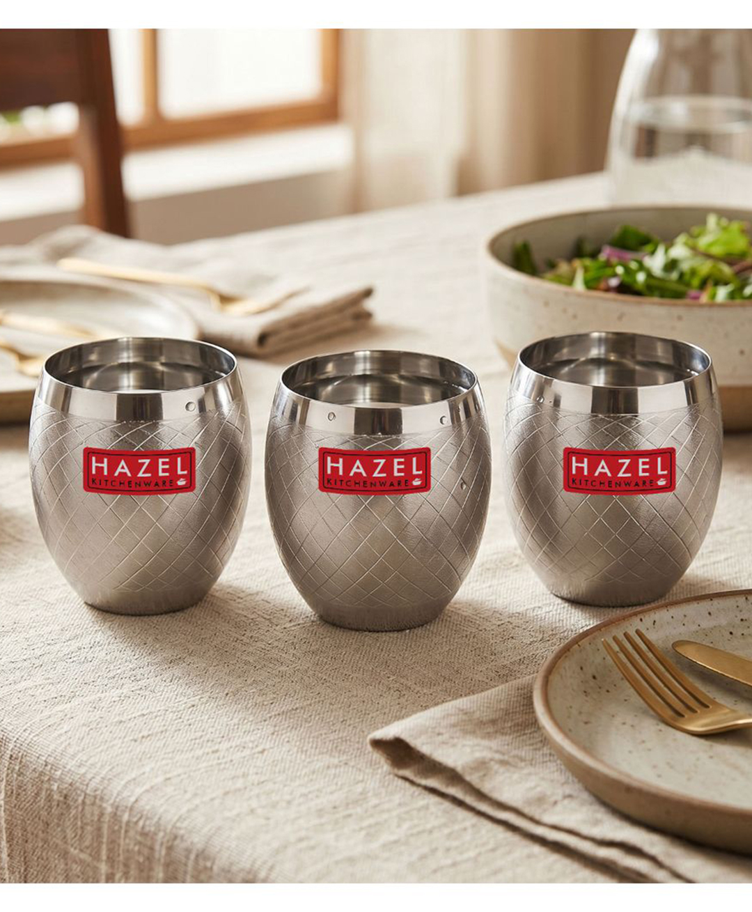 HAZEL Matt Finish Designer Stainless Steel Drinking Glasses 260 ml Set of 3 Pcs, Silver-image-8