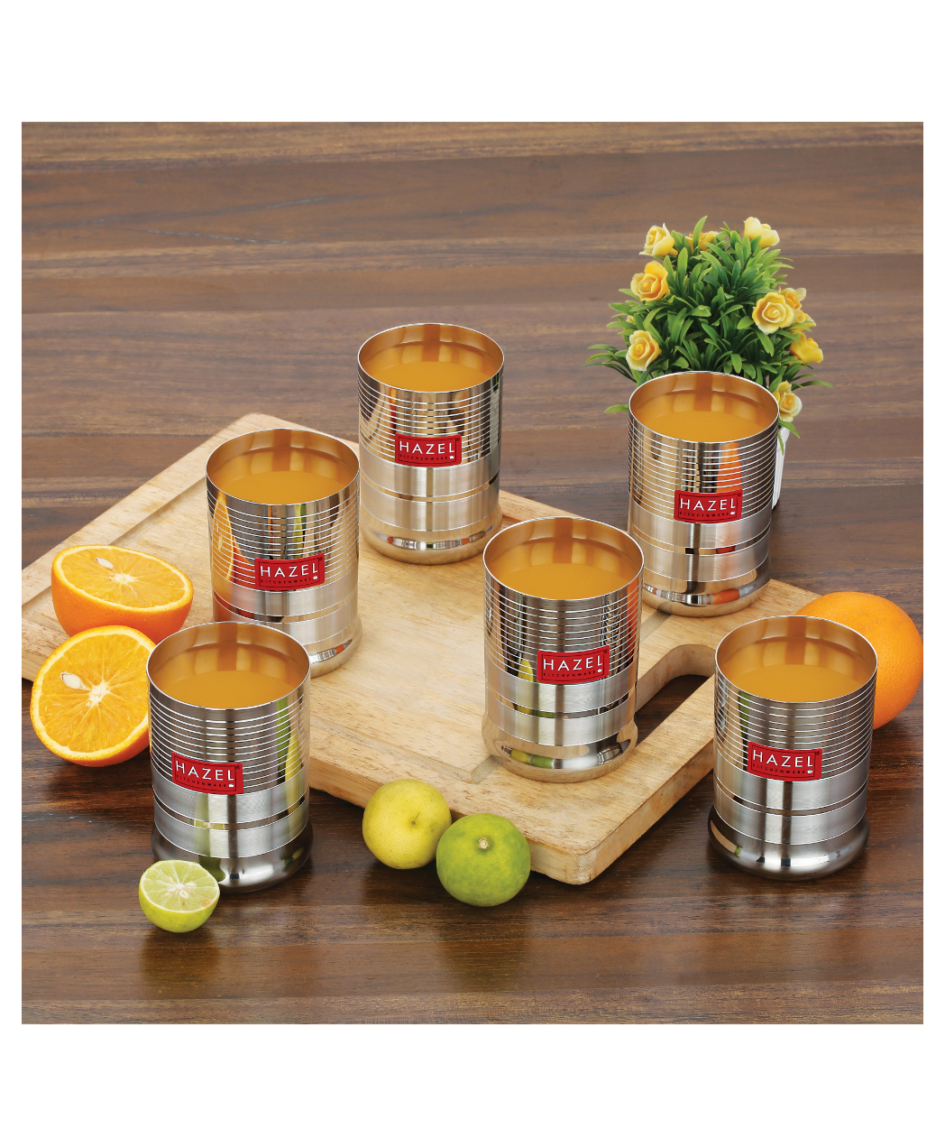 HAZEL Stainless Steel Glasses Set of 6 for Water & Juice | Unbreakable Glass Set with Glossy Finish Design & Dishwasher Safe, 350 ml-picture-1