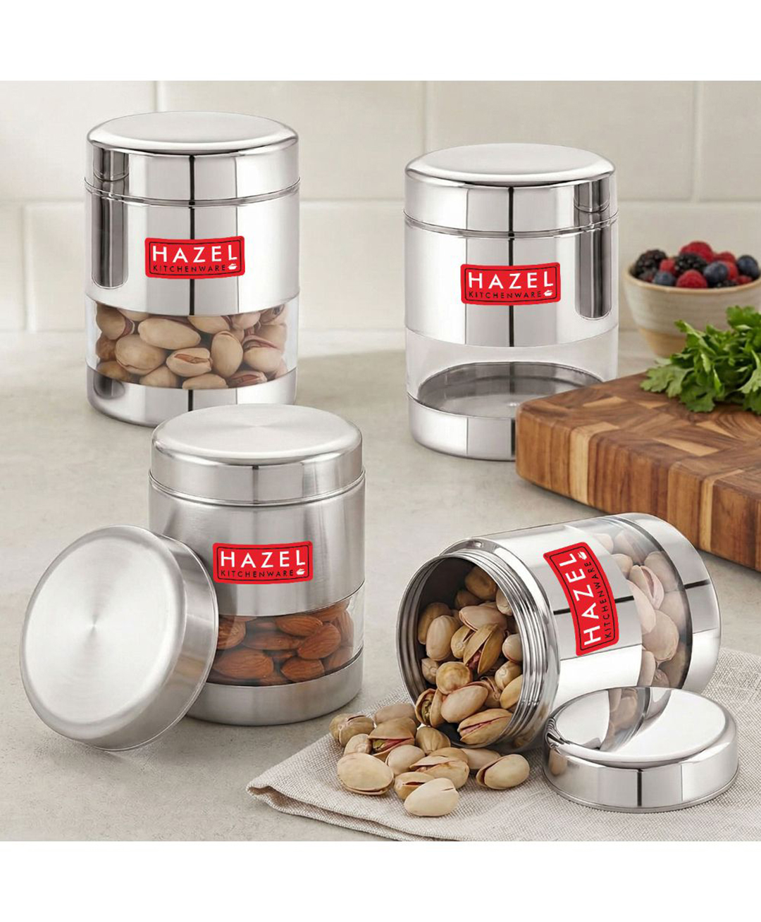 HAZEL Stainless Steel Transparent Glossy See Through Container, Silver, Set of 4, 400 ml-image-40