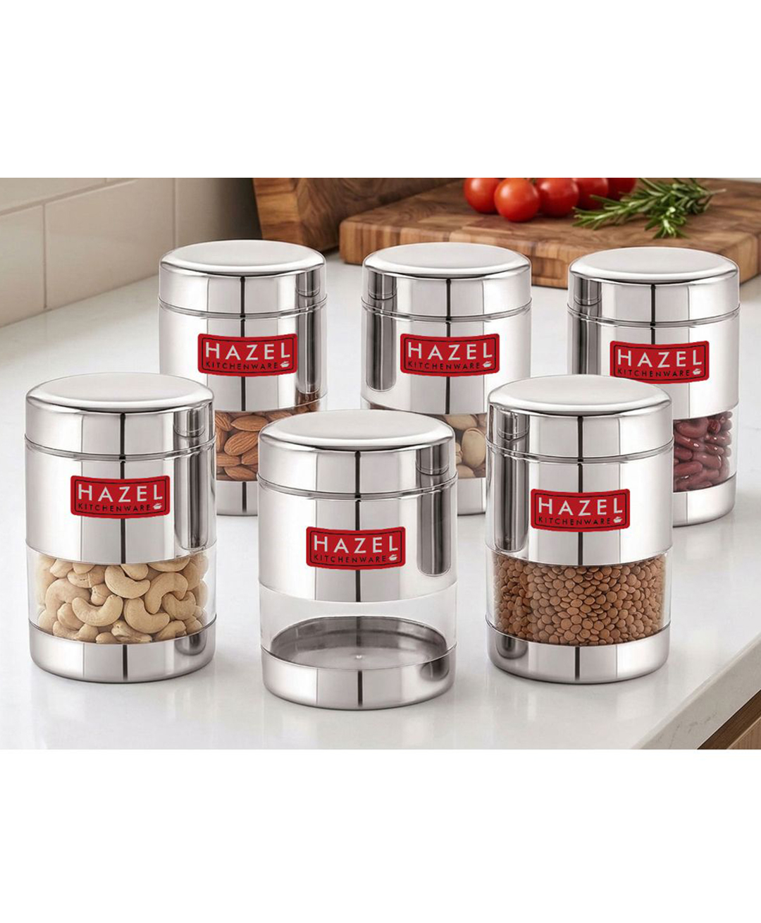 HAZEL Stainless Steel Transparent Glossy See Through Container, Silver, Set of 6, 400 ml-image-42