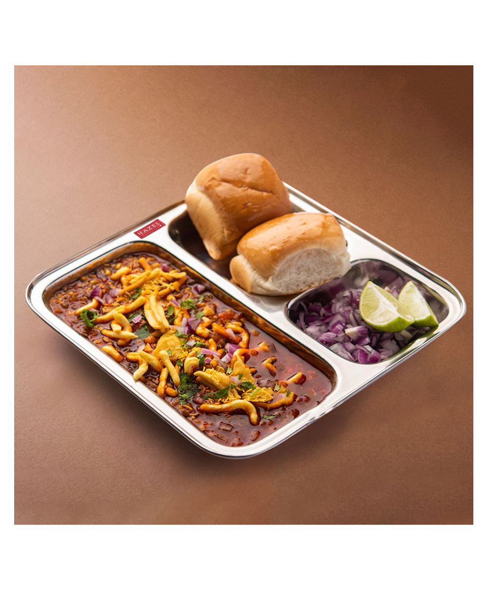 HAZEL Pav Bhaji Plates for Restaurant | Stainless Steel Compartment Plate | 3 in 1 Mess Plate Steel | Steel Bhojan Thali for Event, Party | 22 cm-picture-47