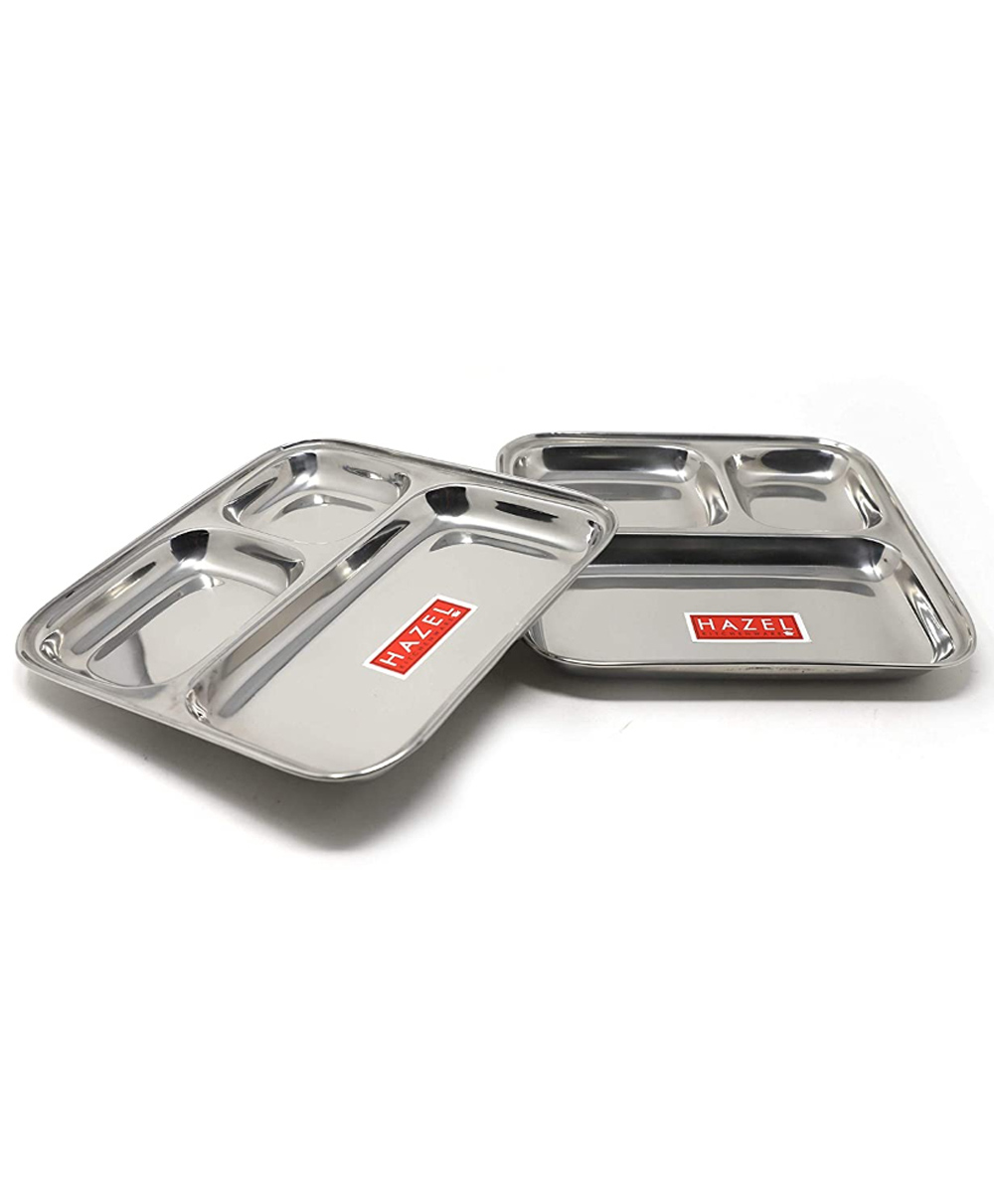 HAZEL Compartment Plate Set Of 2 | Steel Bhojan Thali | Pav Bhaji Plates for Restaurant |Steel Plate With Compartments for Event, Party | 22 cm-picture-43