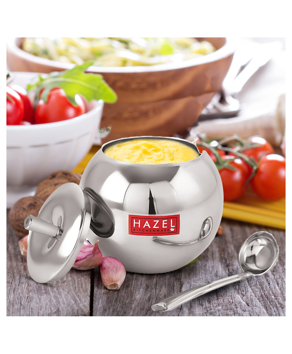 HAZEL Stainless Steel Orange Shape Kitchen Storage Ghee Dani Oil Pot Container, 320 ml-image-31