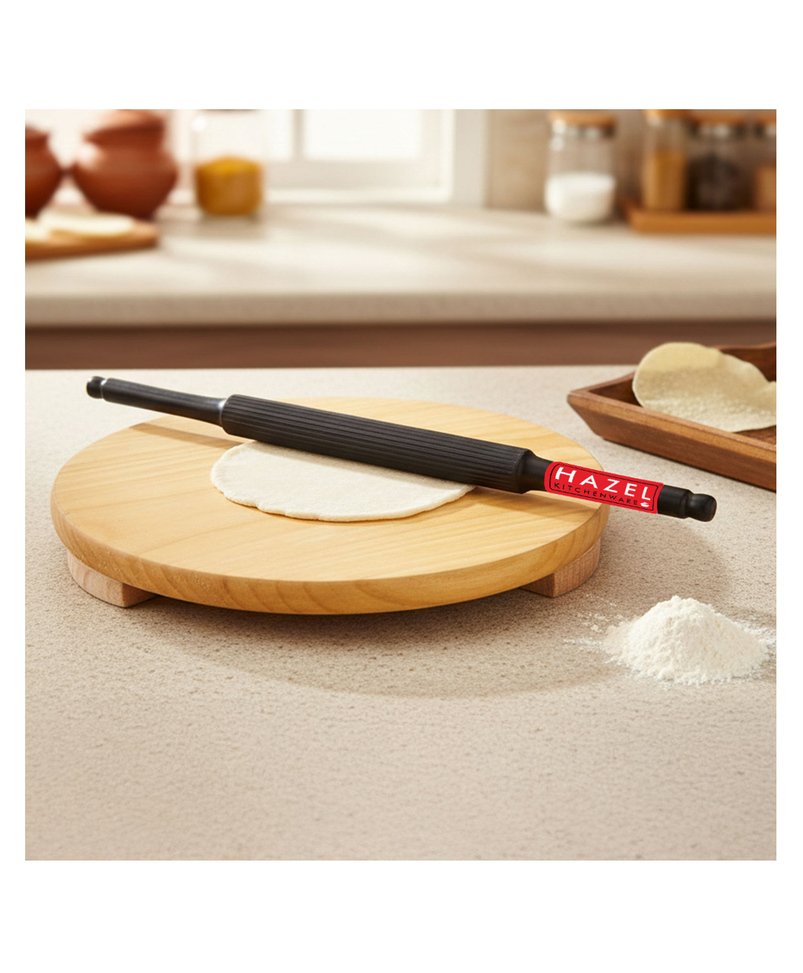 HAZEL Wood Polpat Chakla Roti Chapati Maker 21 cm With Sheesham Roti Roller Belan Rolling Pin 35 cm-image-14
