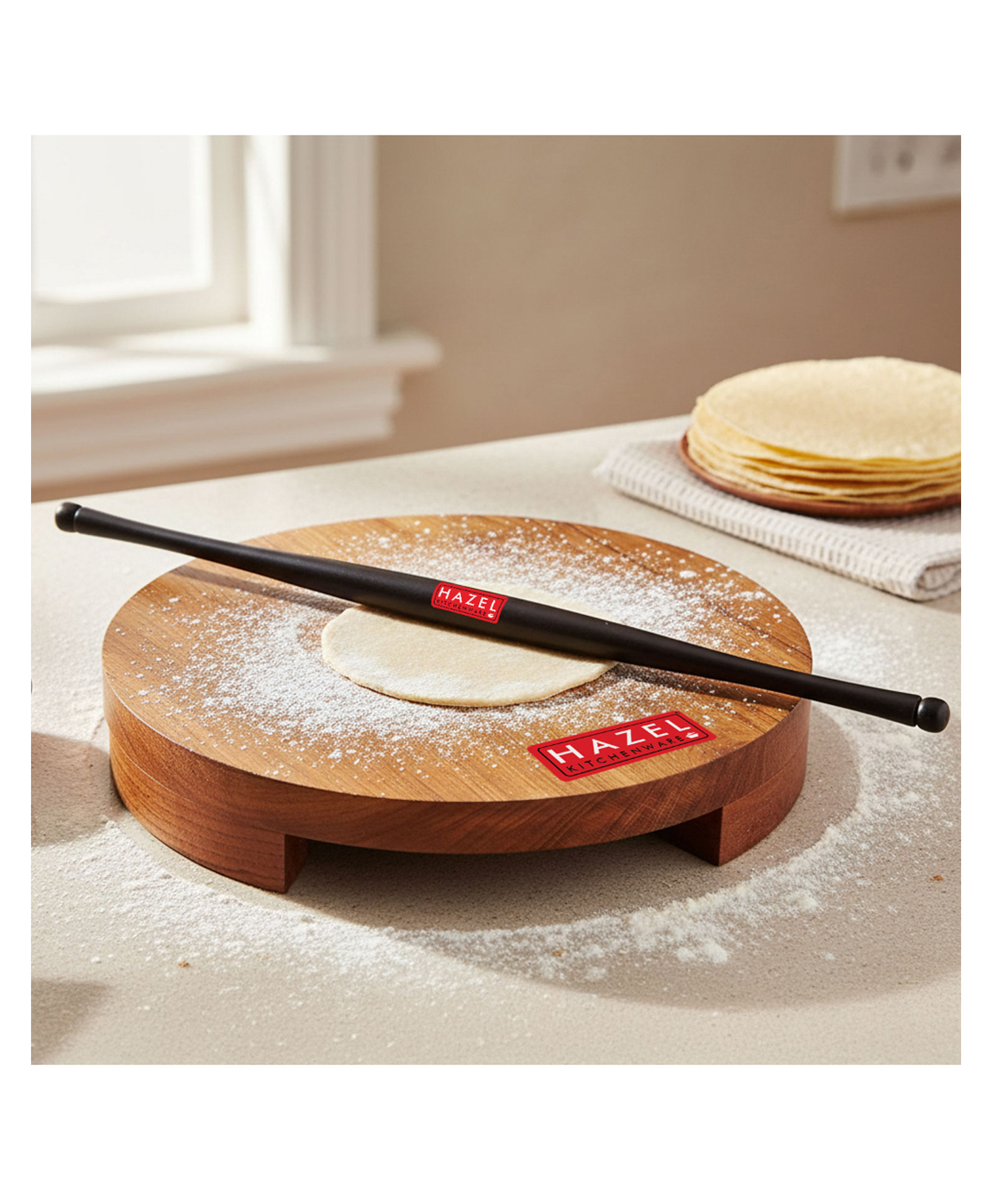 HAZEL Sagwan Polpat Chakla Roti Chapati Maker 23 cm With Sheesham Roti Roller Belan Rolling Pin 42 cm-image-15