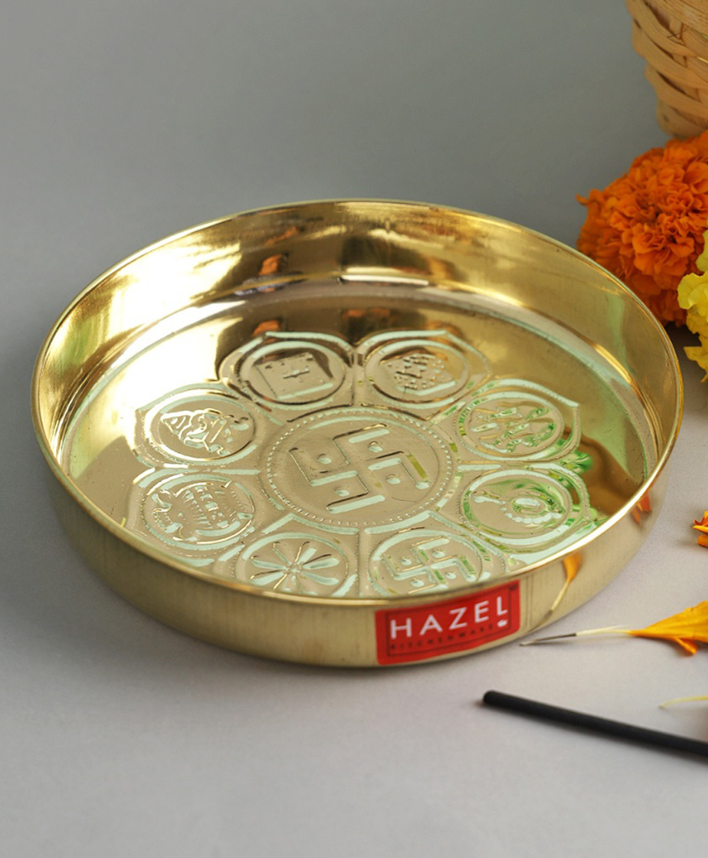 HAZEL Astmangal khuchi Brass Puja Pooja Aarti Golden Thali, Golden-image-22
