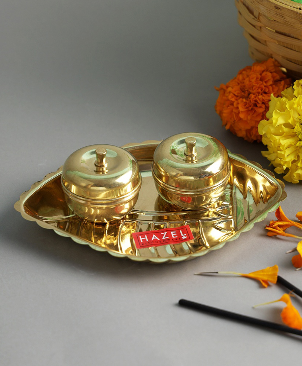 HAZEL Shank Karma Brass Puja Pooja Aarti Golden Thali, Golden-image-23
