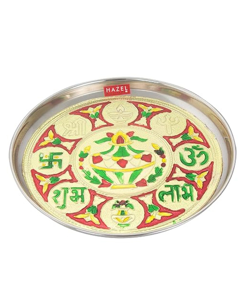 HAZEL Steel Shubh Labh Designer Puja Thali -silver-image-38